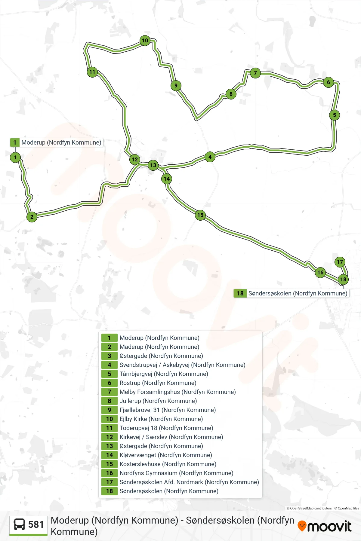 581 bus Linje (Søndersø) rute og stop på et kort