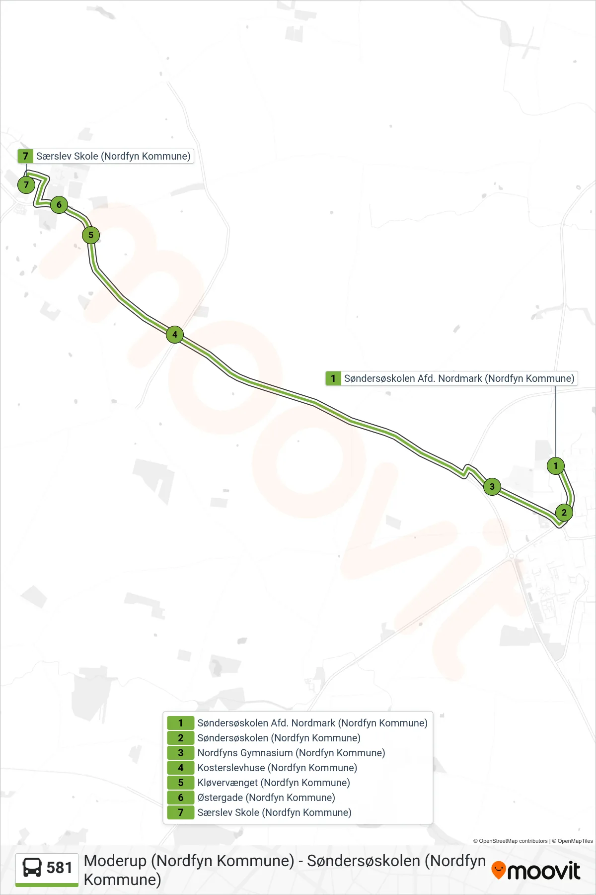 581 bus Linje (Særslev) rute og stop på et kort