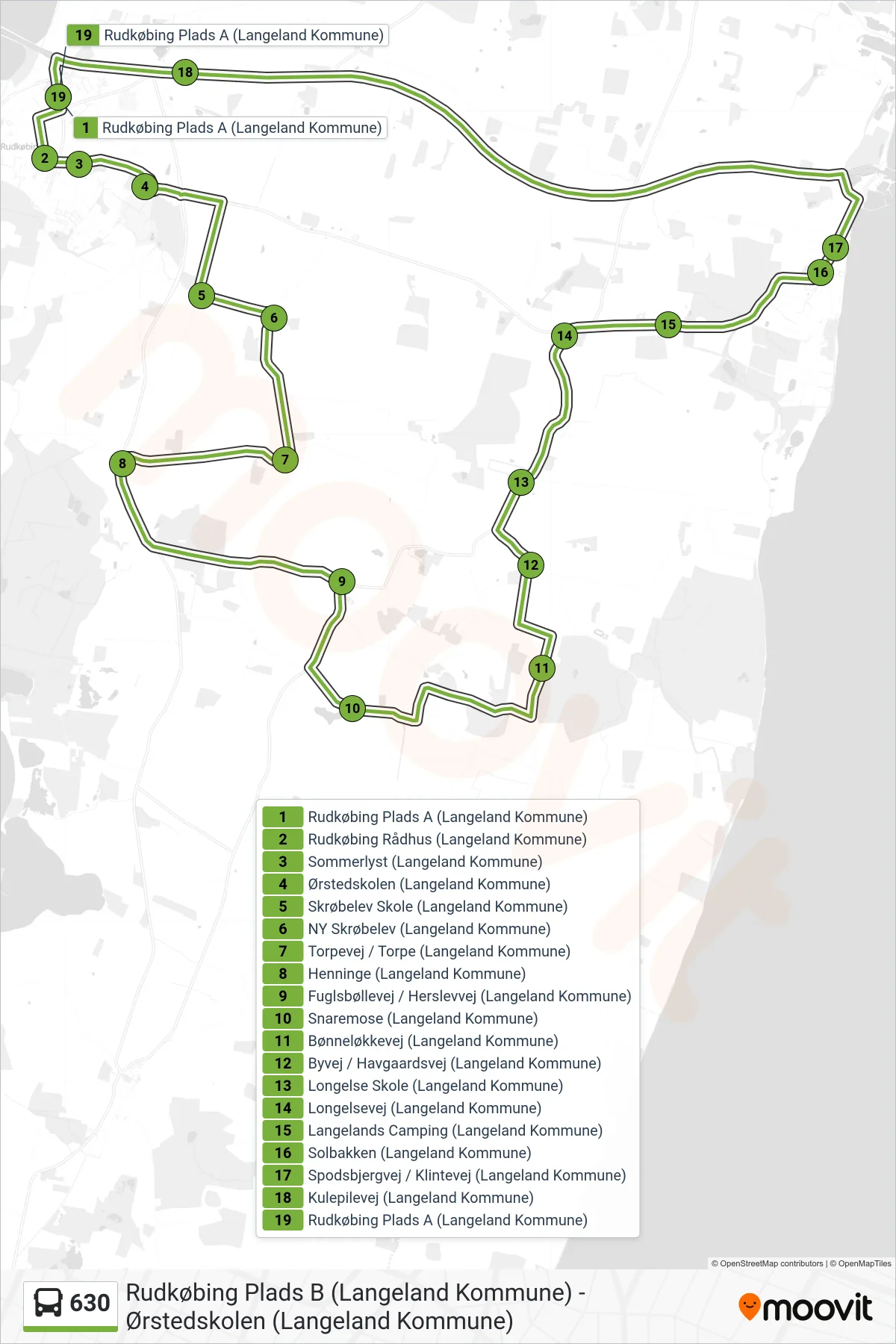 630 bus Linje (Rudkøbing) rute og stop på et kort