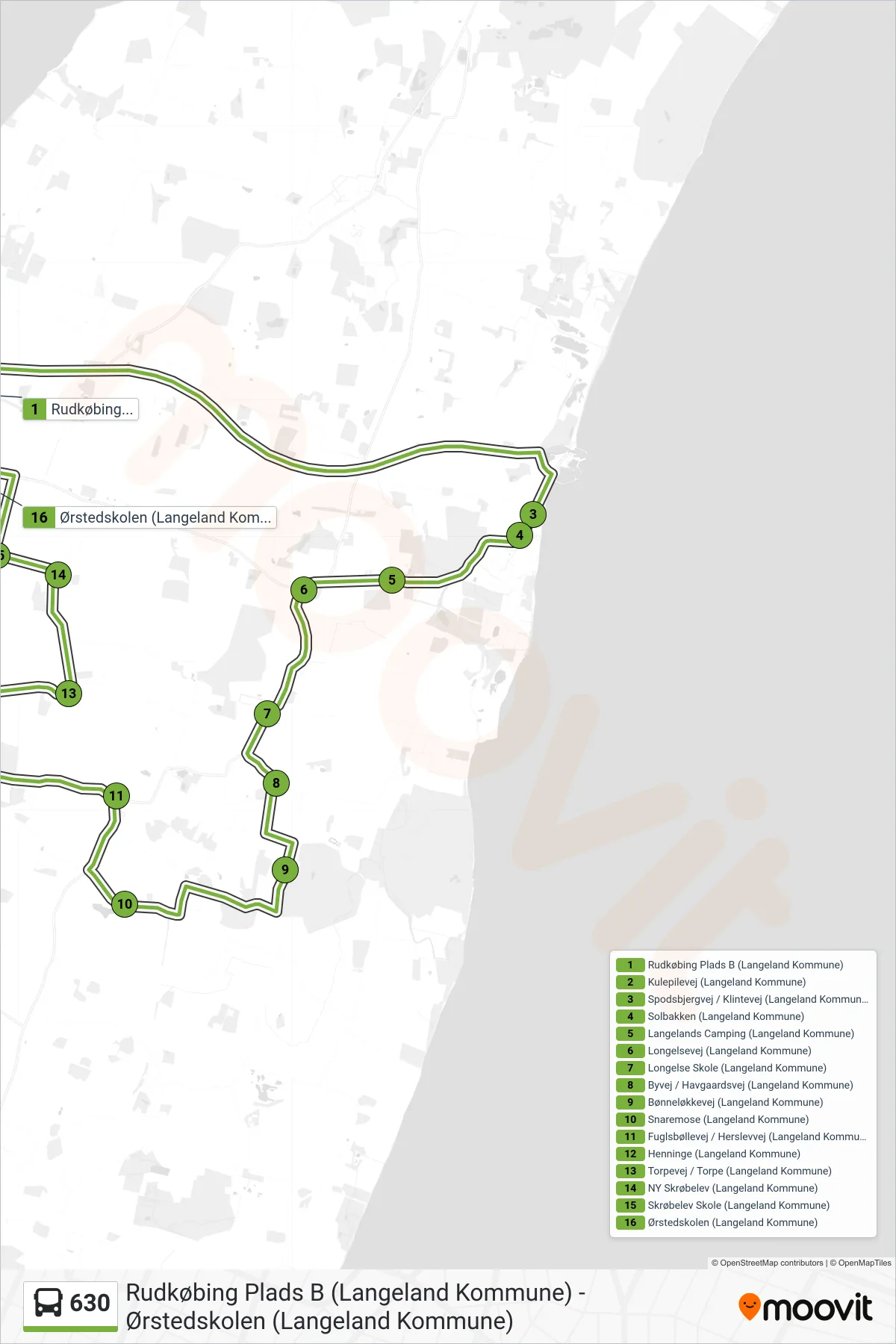 630 bus Linje (Ørstedskolen) rute og stop på et kort