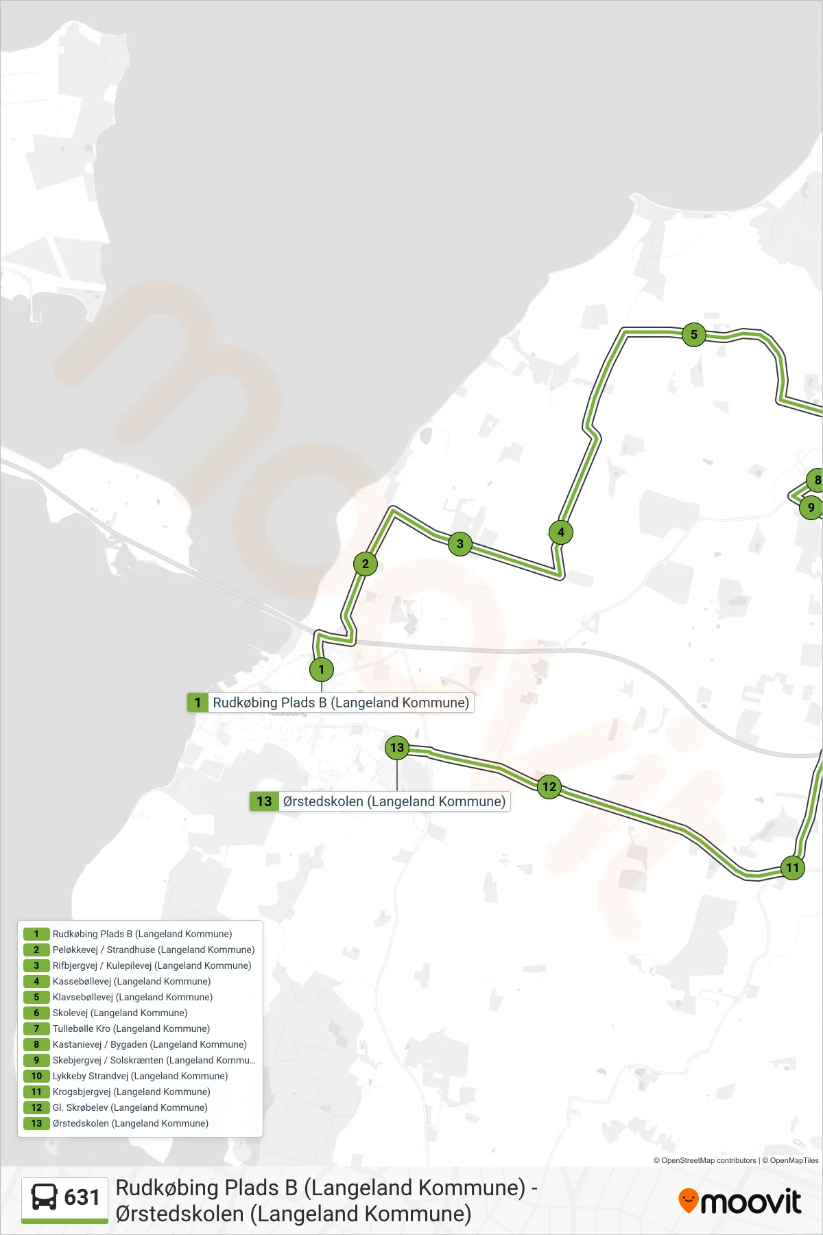 631 bus Linje (Ørstedskolen) rute og stop på et kort