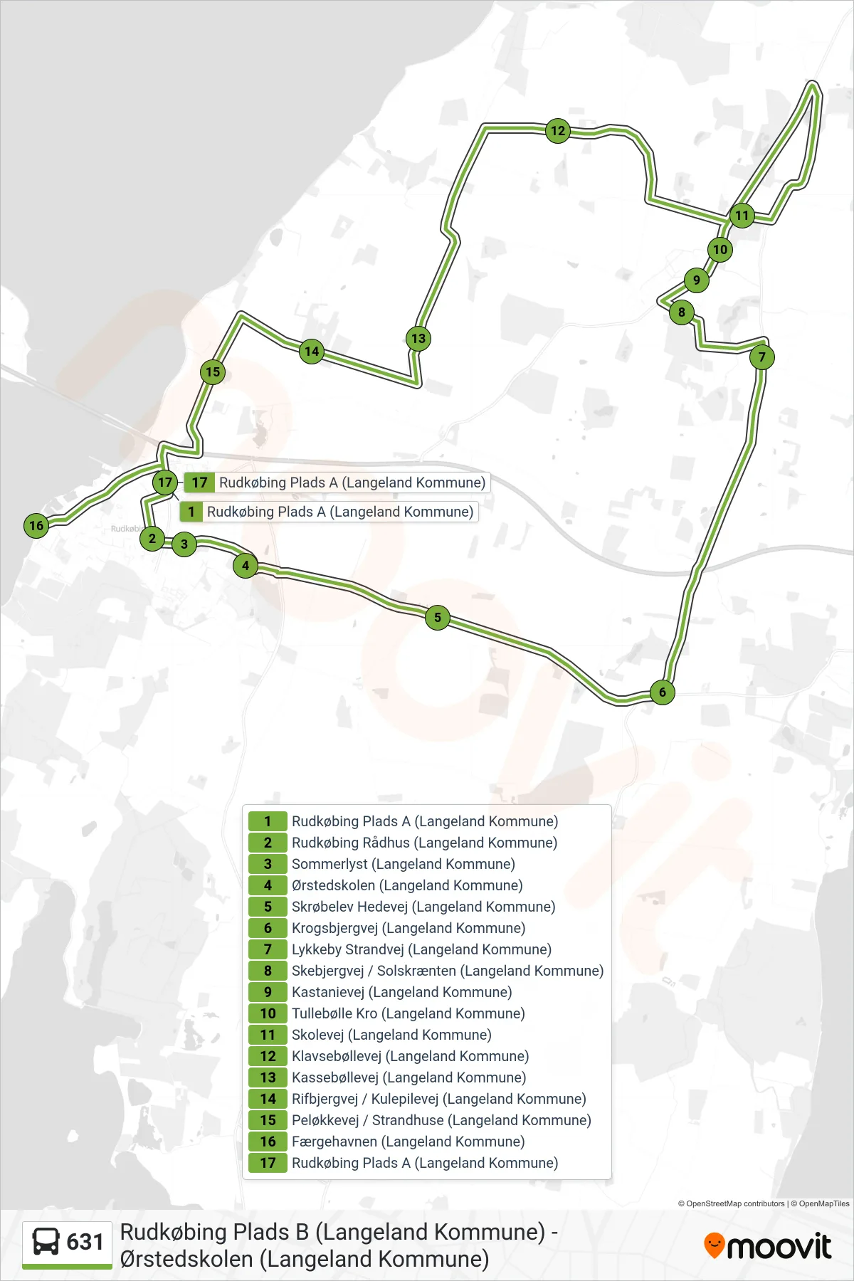 631 bus Linje (Rudkøbing) rute og stop på et kort