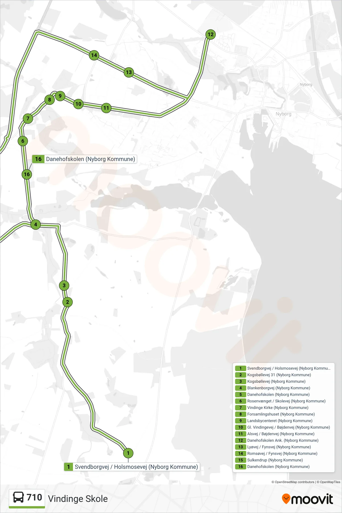 710 bus Linje (Vindinge Skole) rute og stop på et kort