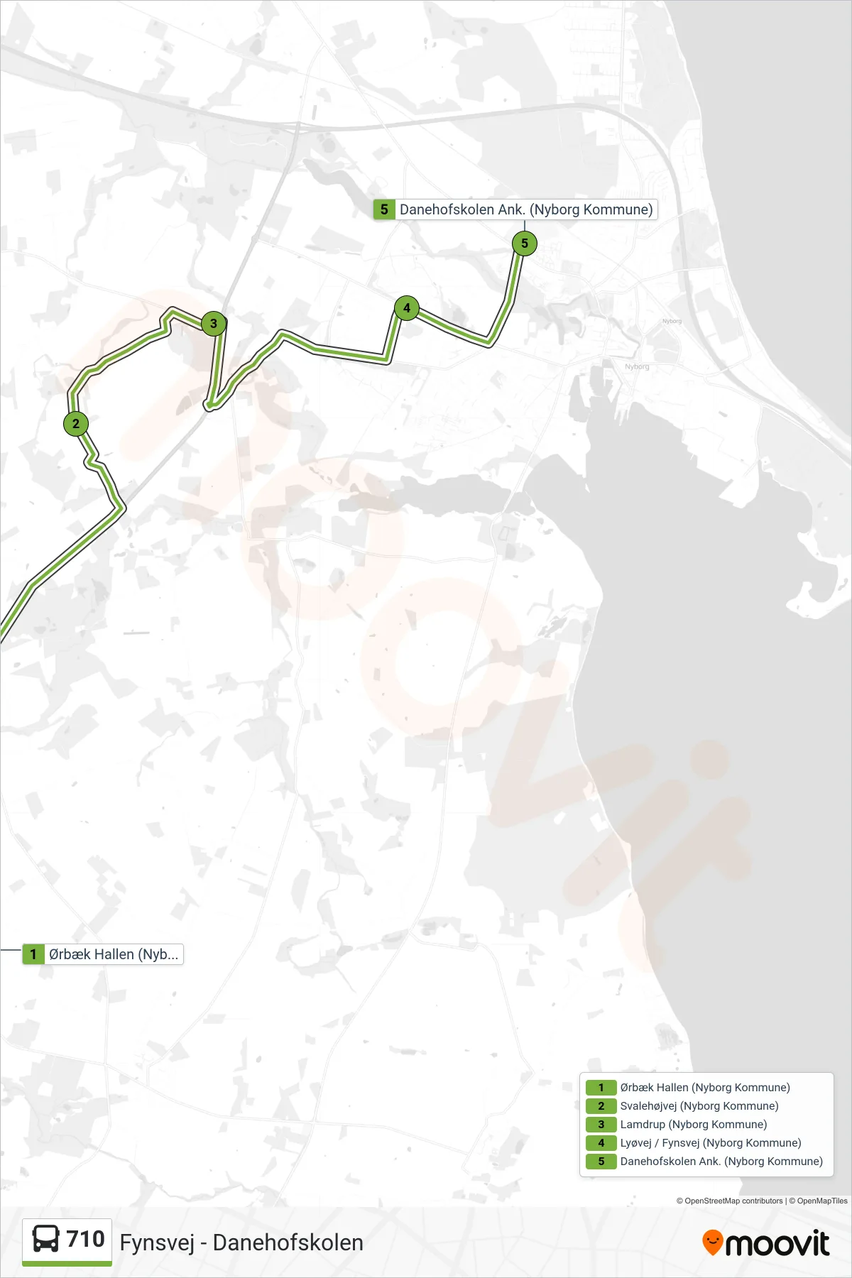 710 bus Linje (Fynsvej - Danehofskolen) rute og stop på et kort
