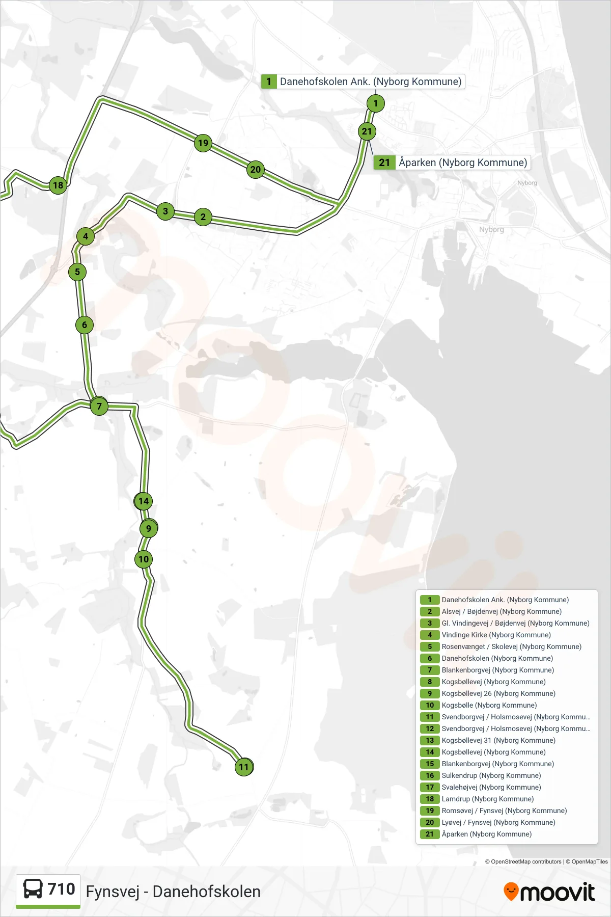 710 bus Linje (Fynsvej - Danehofskolen) rute og stop på et kort