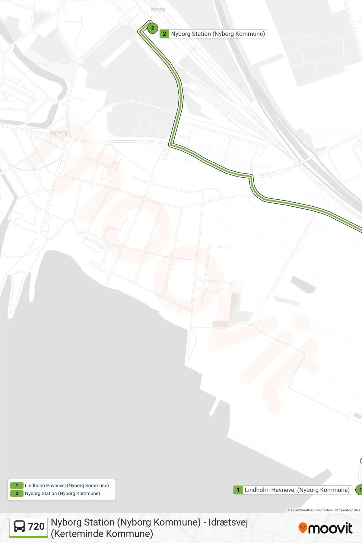 720 bus Line (Nyborg) route and stops on a map