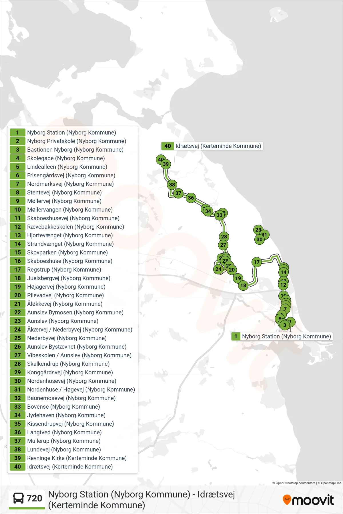 720 bus Linje (Revninge) rute og stop på et kort