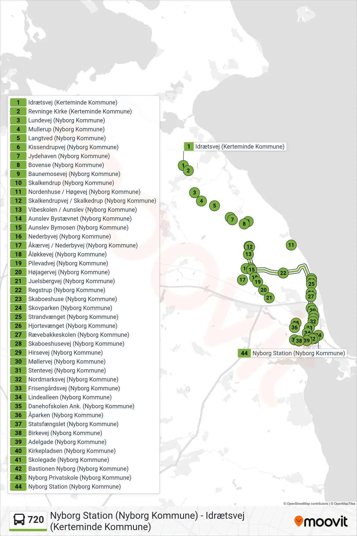 720 bus Linje (Nyborg) rute og stop på et kort