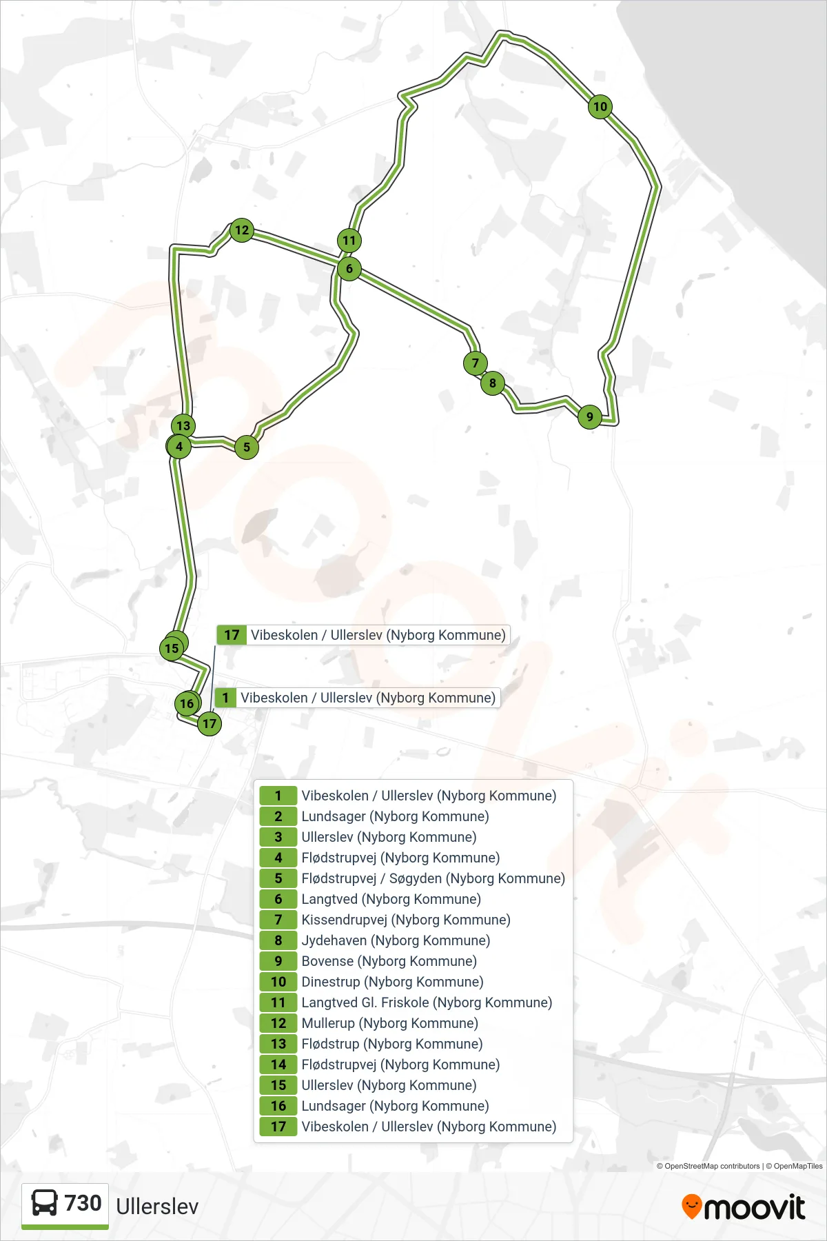 730 bus Linje (Ullerslev) rute og stop på et kort