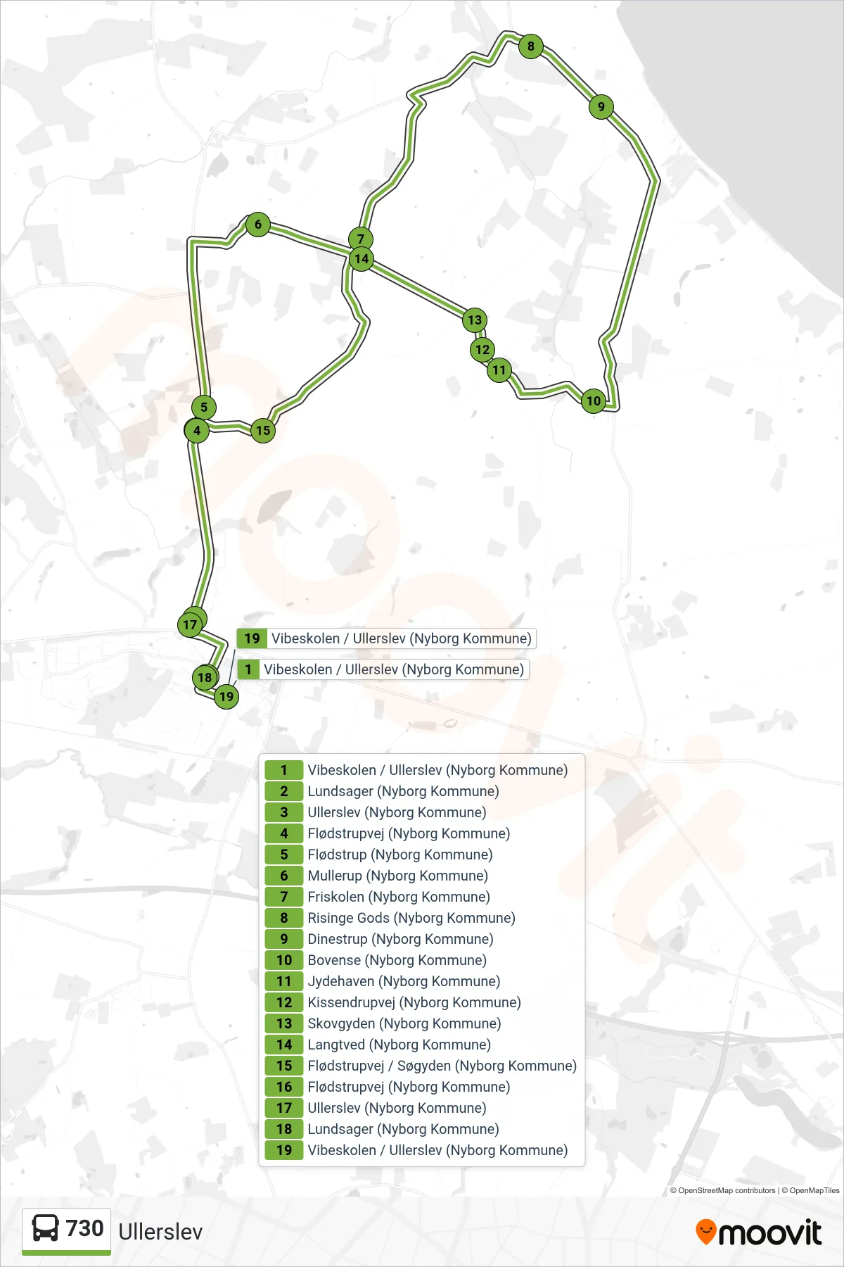 730 bus Linje (Ullerslev) rute og stop på et kort