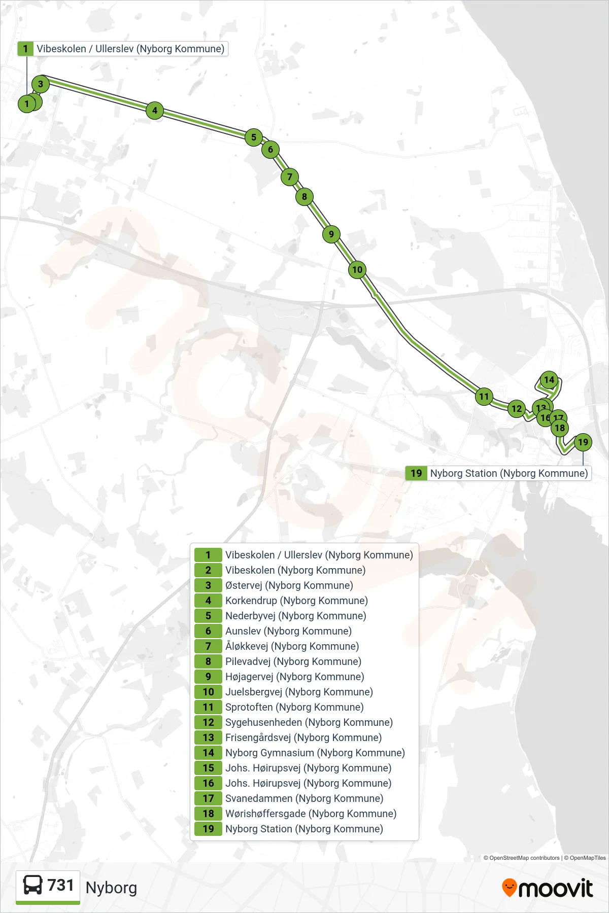 731 bus Linje (Nyborg) rute og stop på et kort