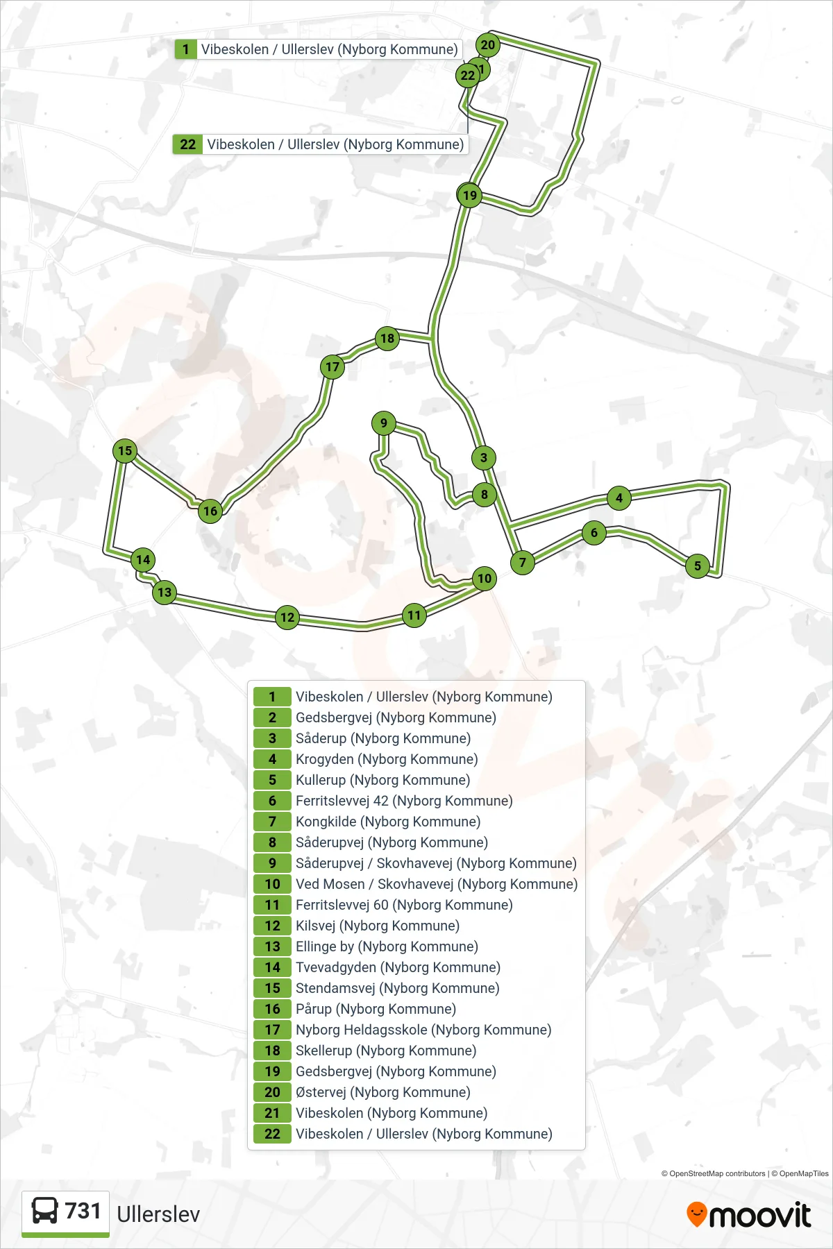 731 bus Linje (Ullerslev) rute og stop på et kort