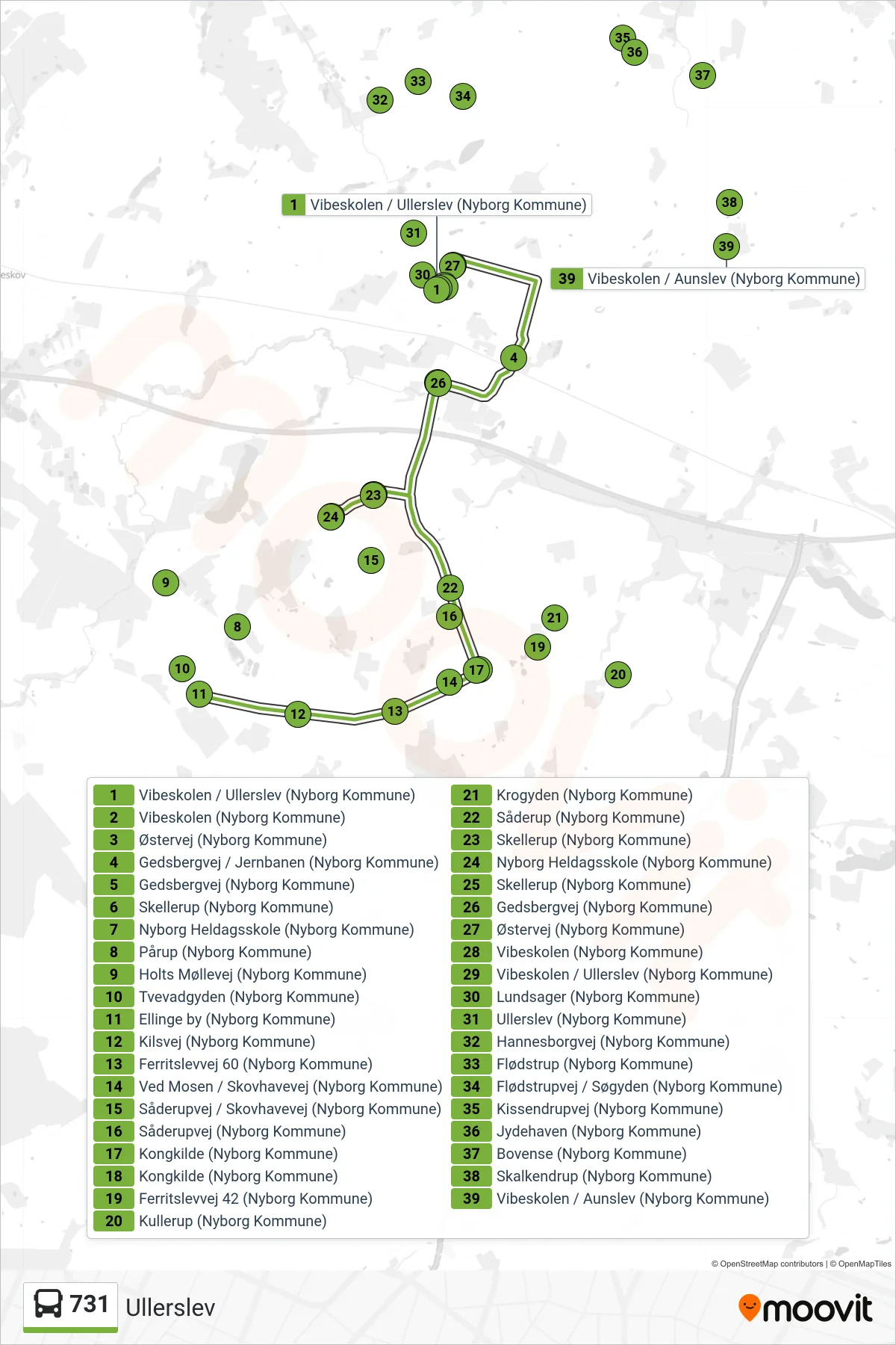 731 bus Linje (Ullerslev) rute og stop på et kort