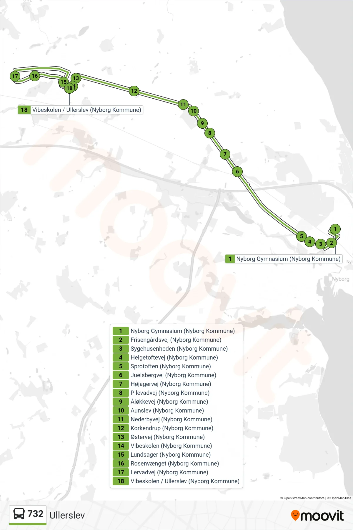 732 bus Linje (Ullerslev) rute og stop på et kort