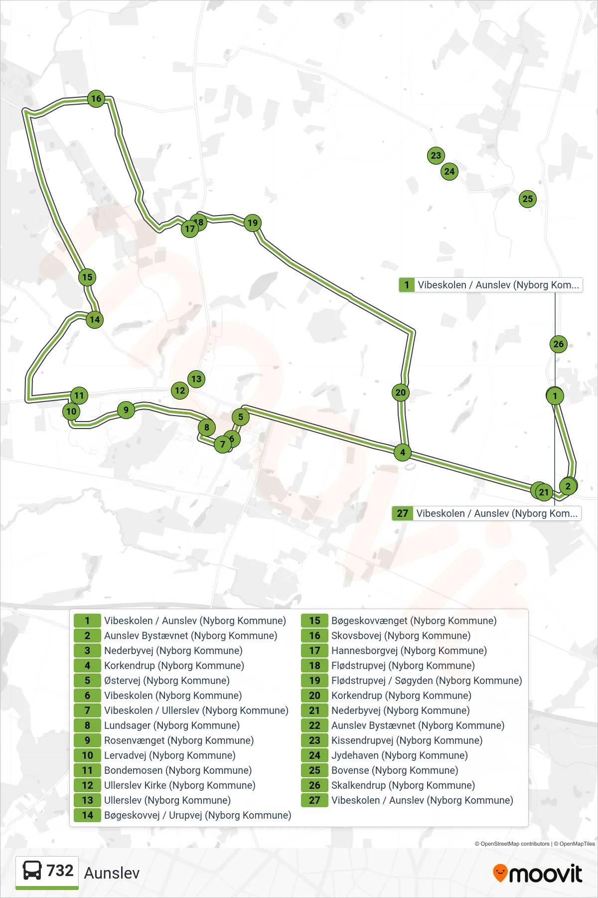 732 bus Linje (Aunslev) rute og stop på et kort