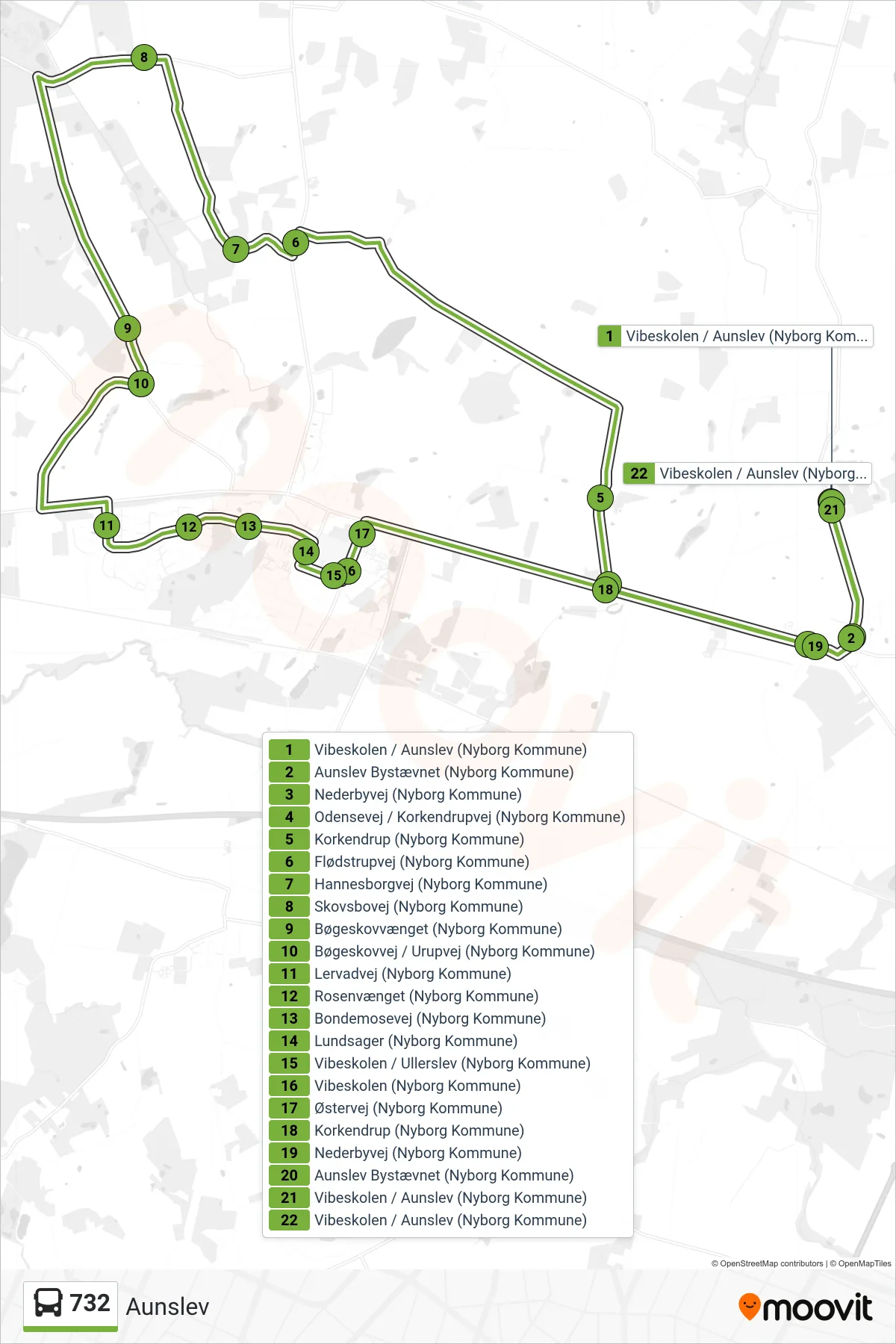 732 bus Linje (Aunslev) rute og stop på et kort