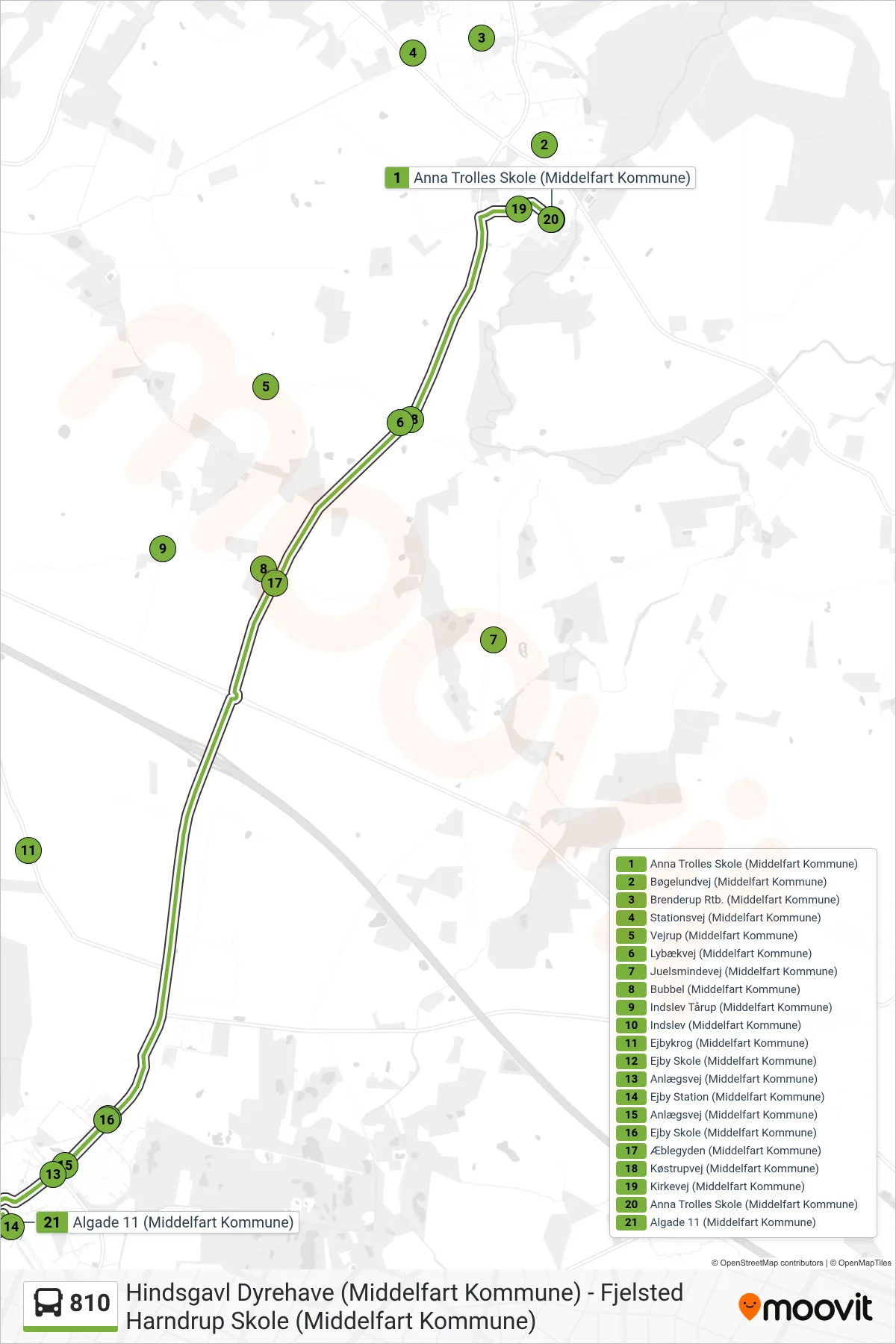 810 bus Linje (Brenderup) rute og stop på et kort