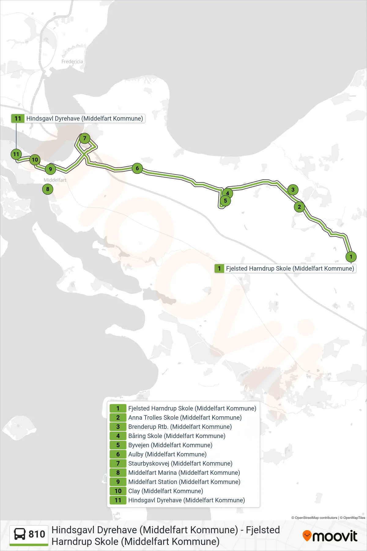 810 bus Linje (Hindsgavl Dyrehave) rute og stop på et kort