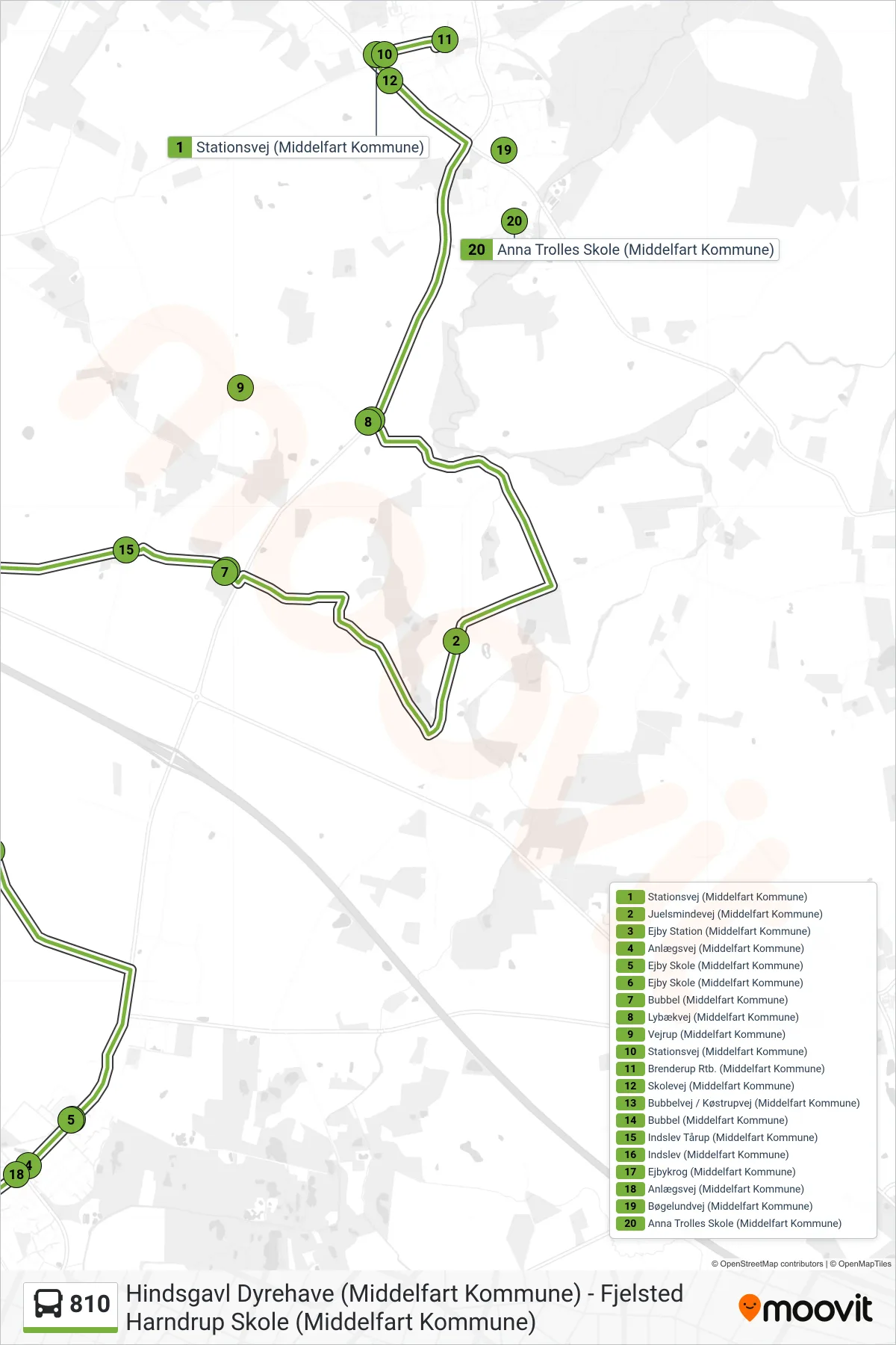 810 bus Linje (Brenderup) rute og stop på et kort