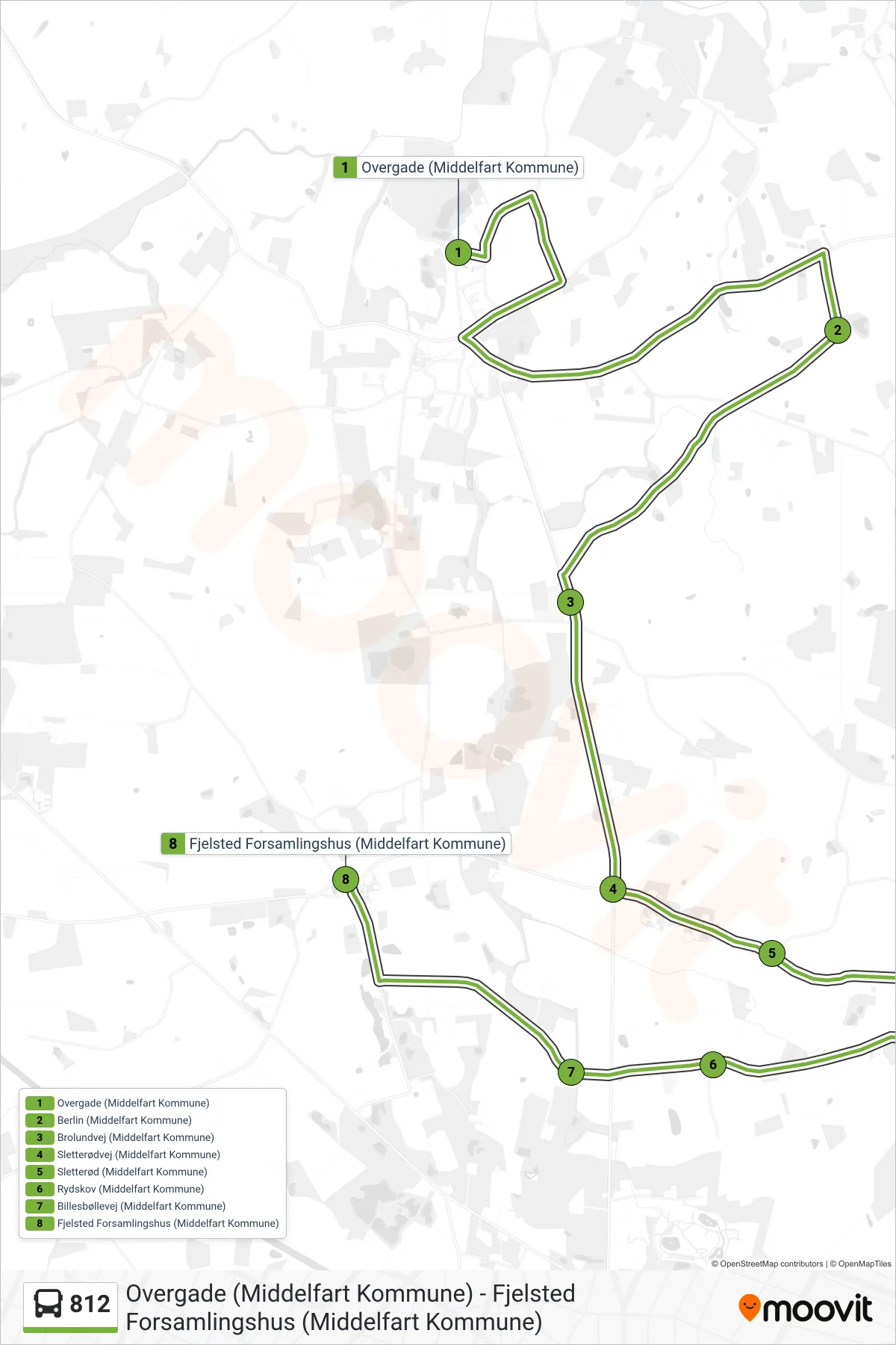 812 bus Linje (Fjelsted) rute og stop på et kort