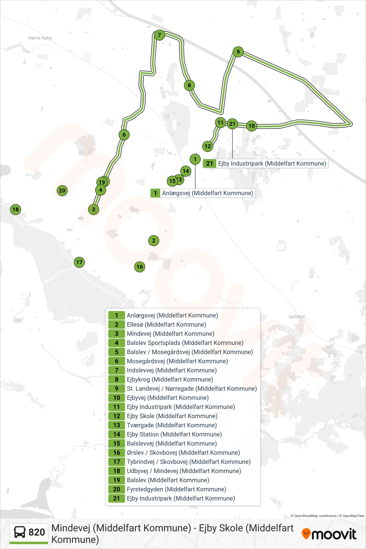 820 bus Linje (Ejby Ringrute) rute og stop på et kort