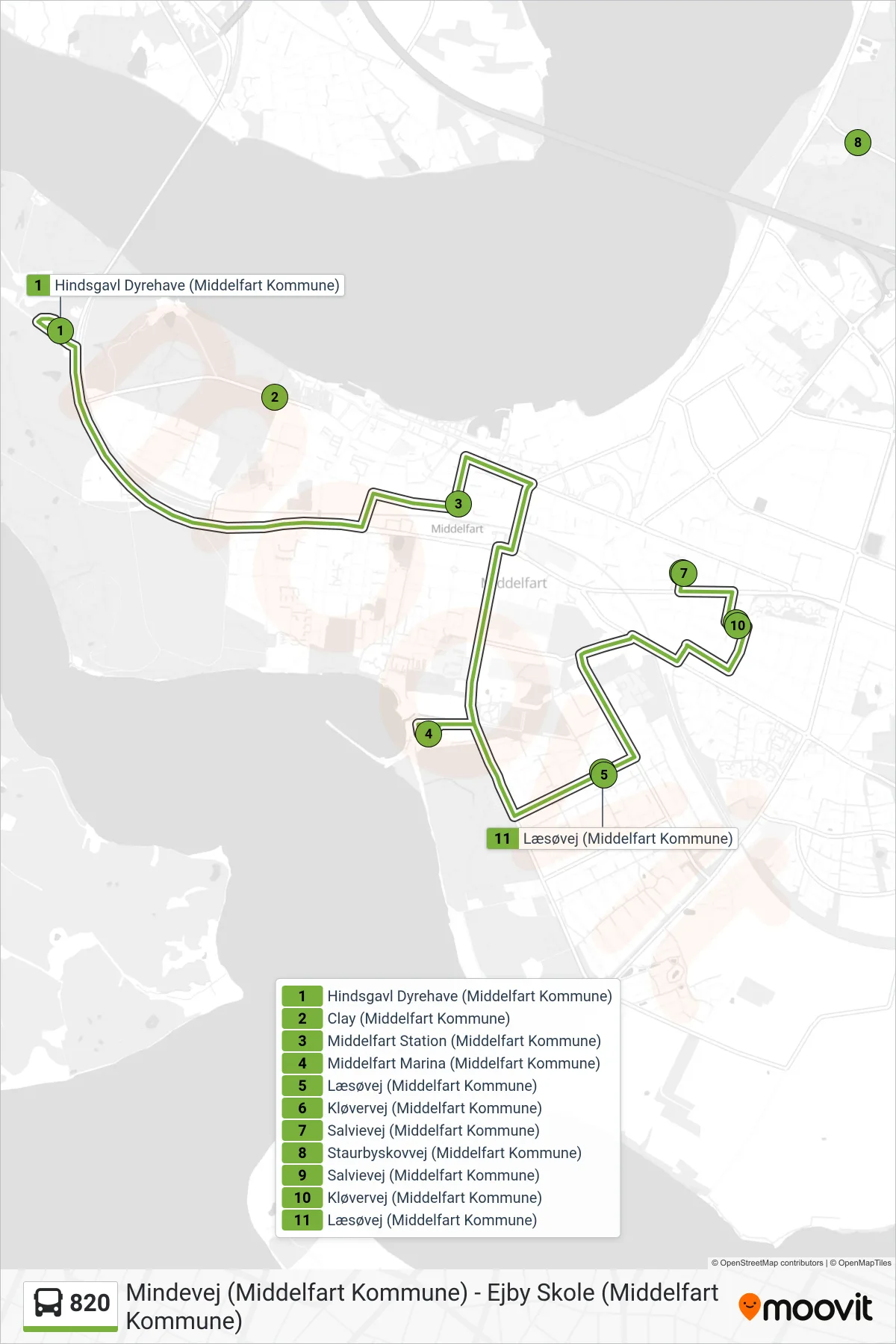 820 bus Linje (Middelfart) rute og stop på et kort