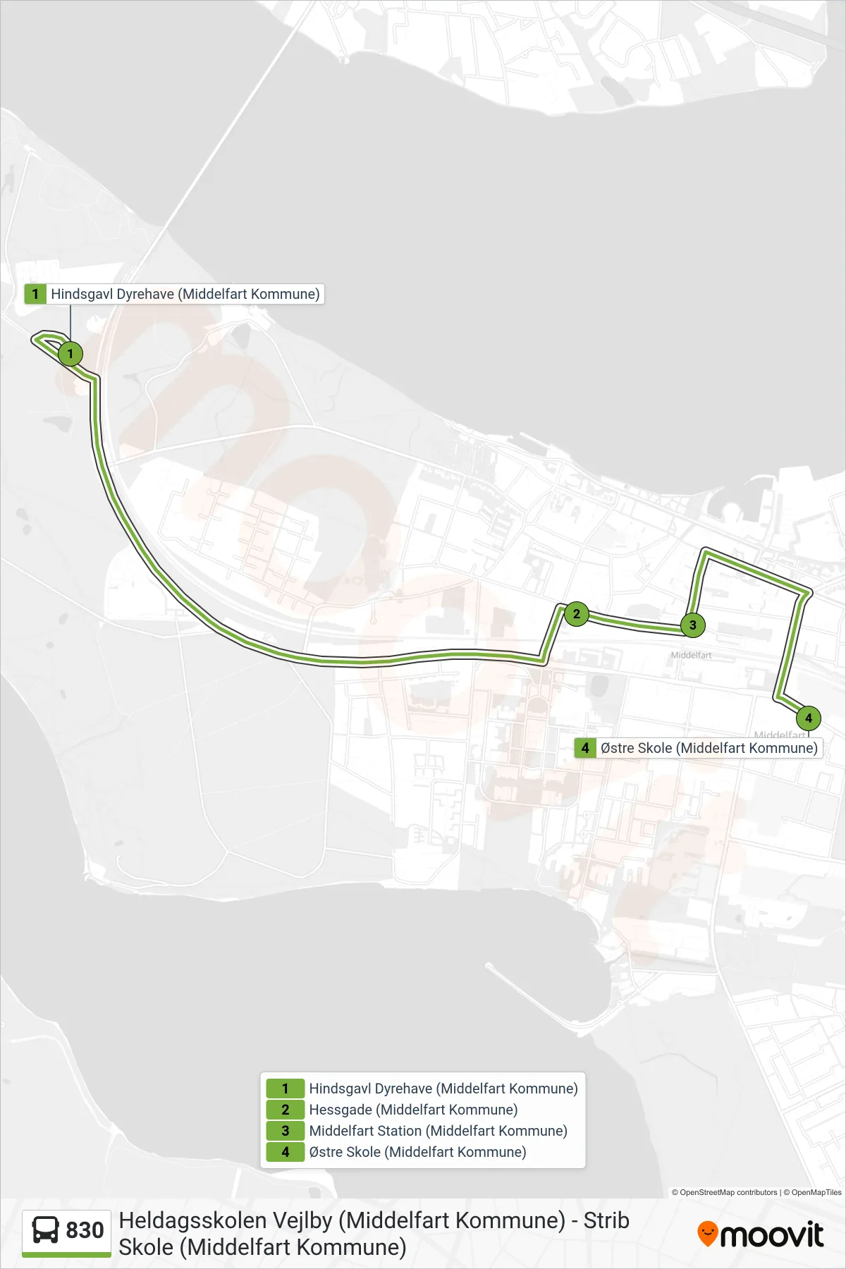 830 bus Linje (Østre Skole) rute og stop på et kort