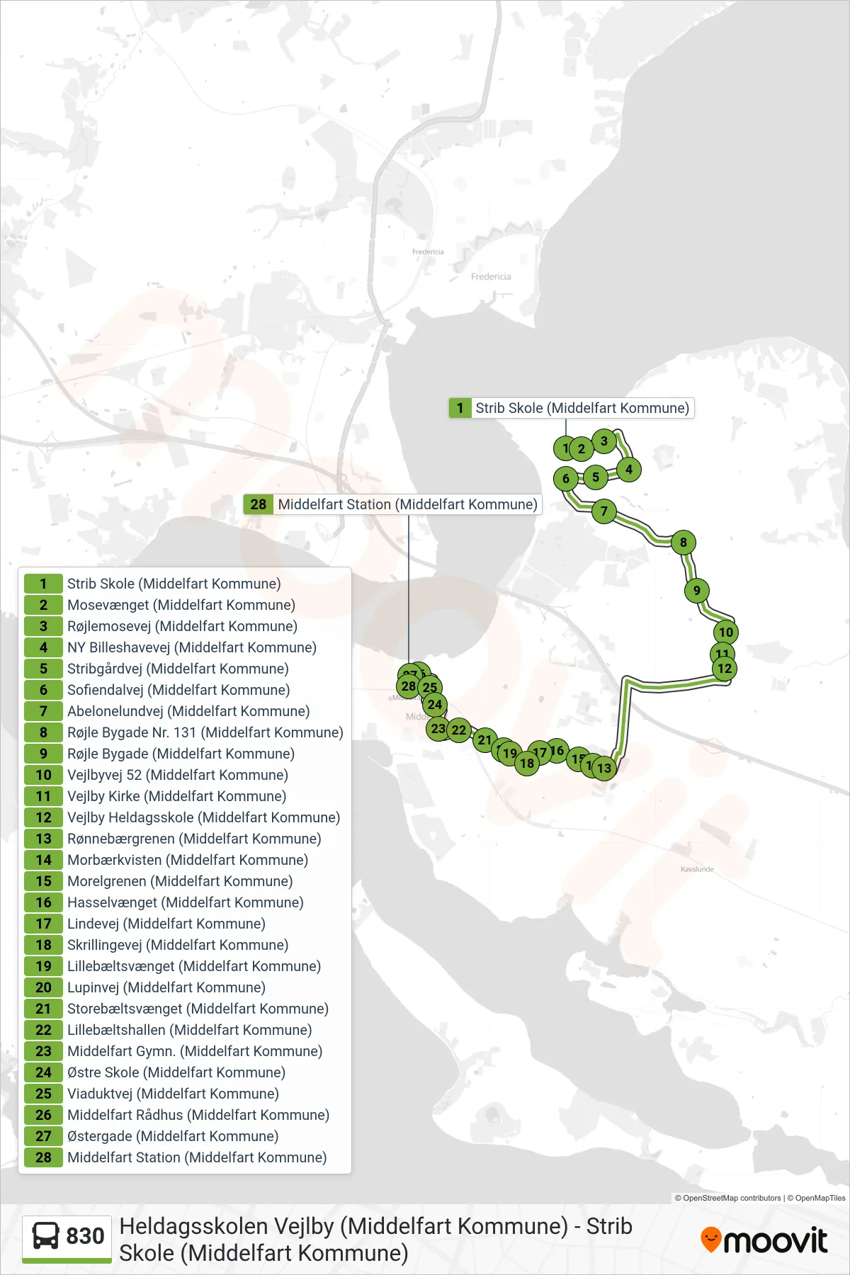 830 bus Linje (Middelfart) rute og stop på et kort