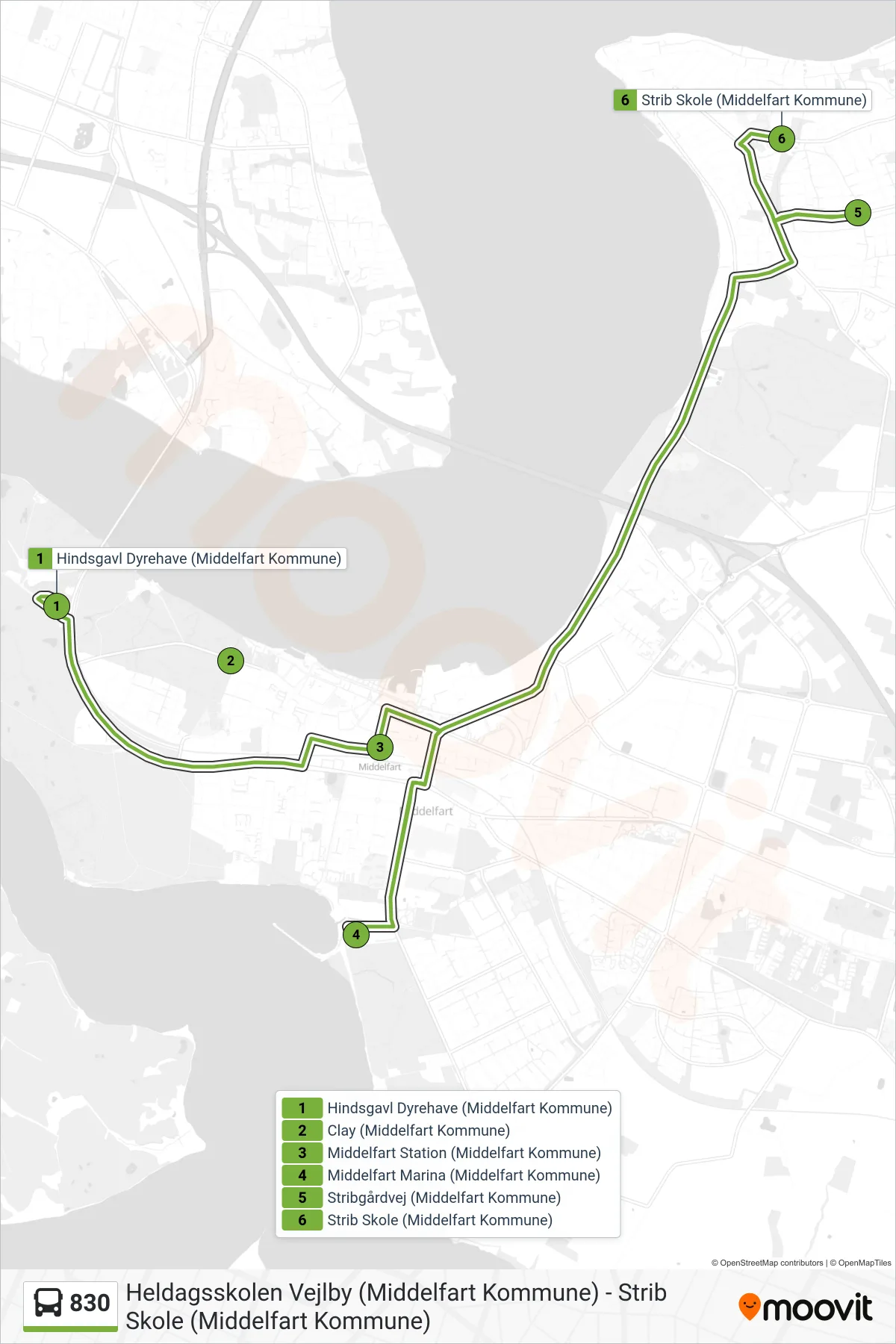 830 bus Linje (Strib) rute og stop på et kort