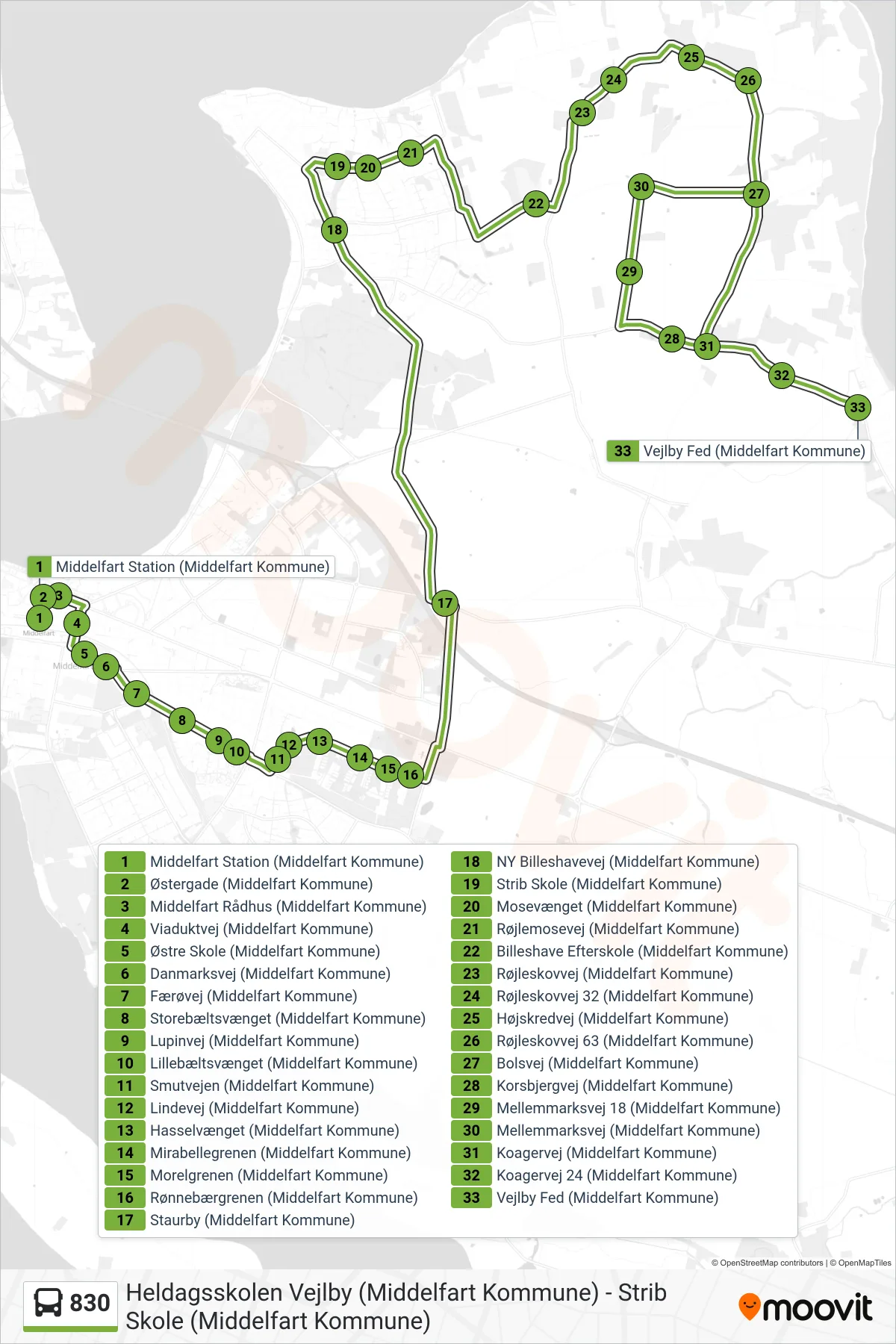 830 bus Line (Vejlby Fed) route and stops on a map