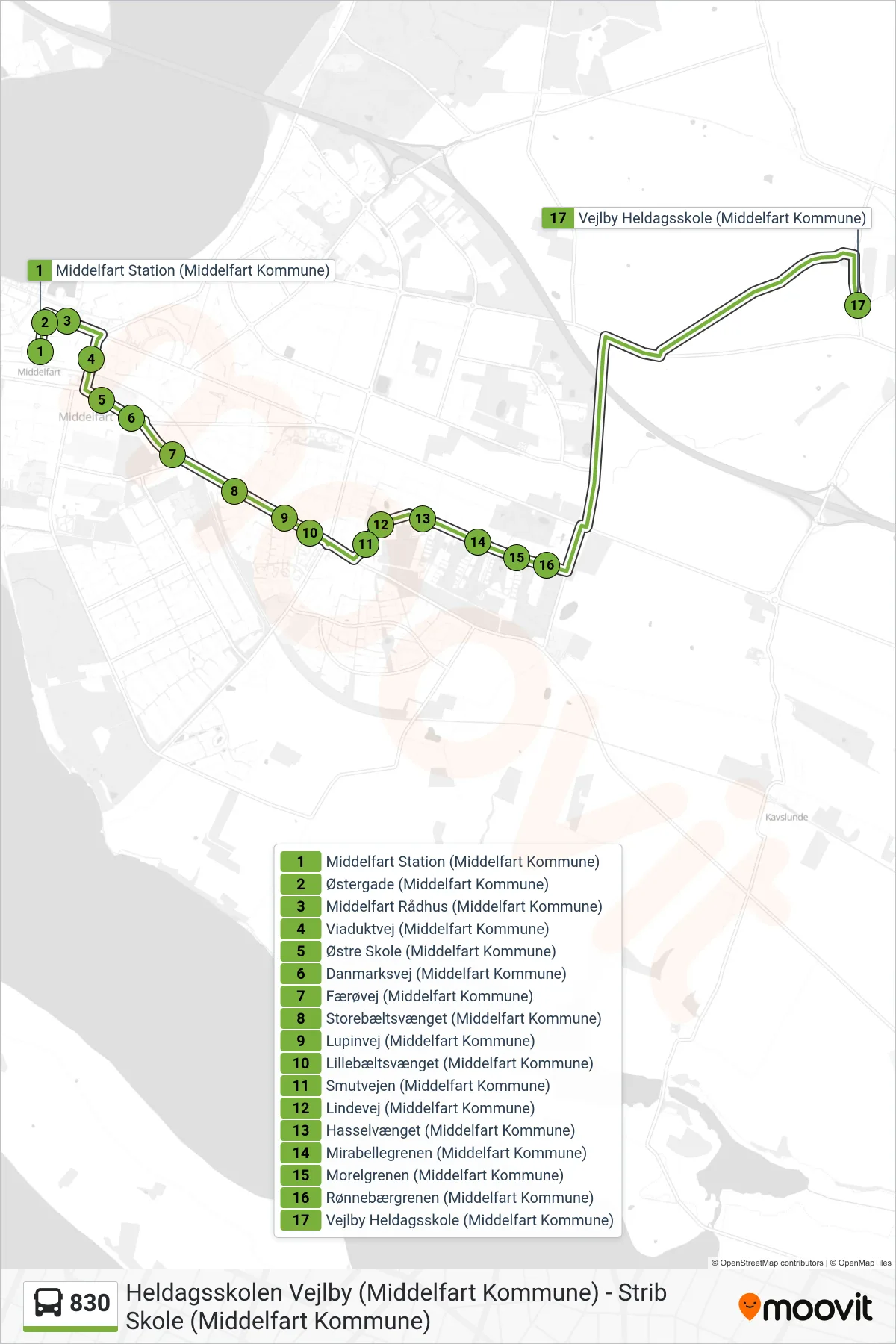 830 bus Line (Vejlby Fed) route and stops on a map