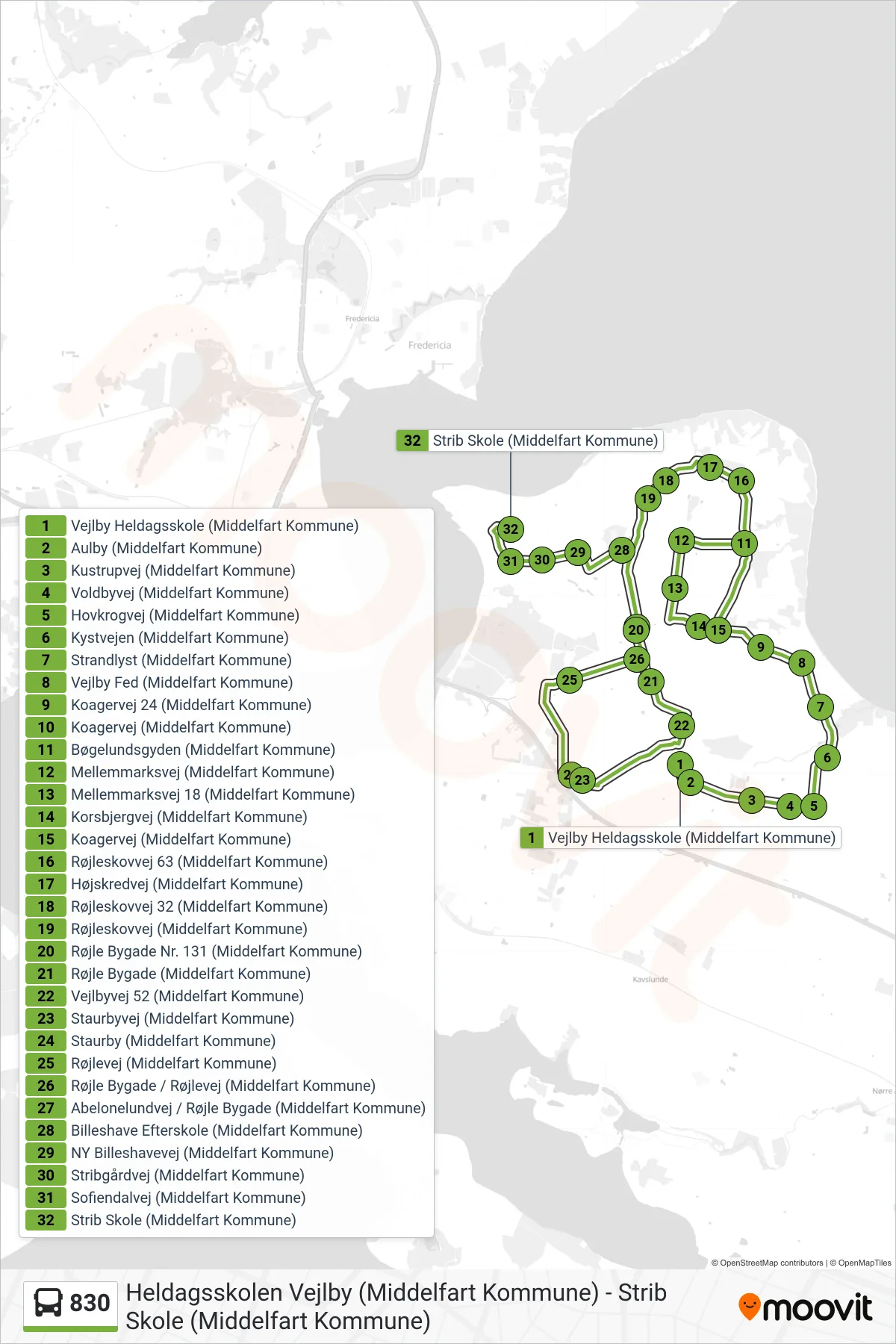 830 bus Linje (Strib Skole) rute og stop på et kort