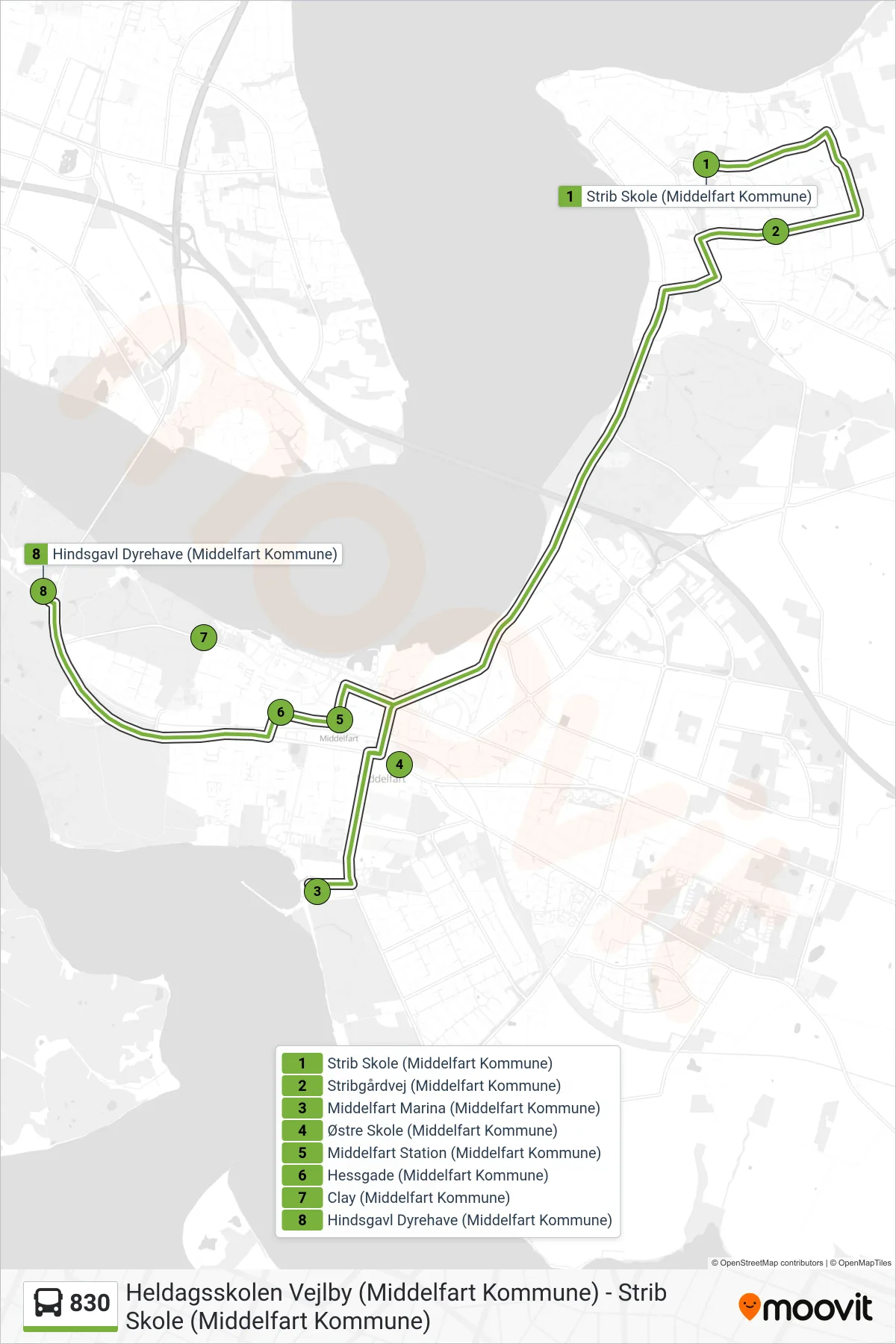 830 bus Linje (Hindsgavl Dyrehave) rute og stop på et kort