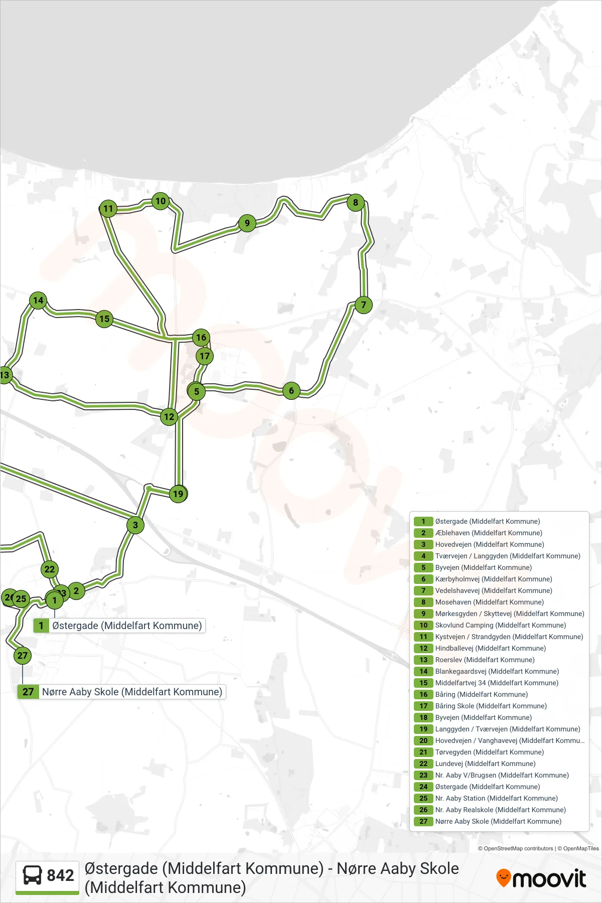 842 bus Linje (Nørre Aaby) rute og stop på et kort