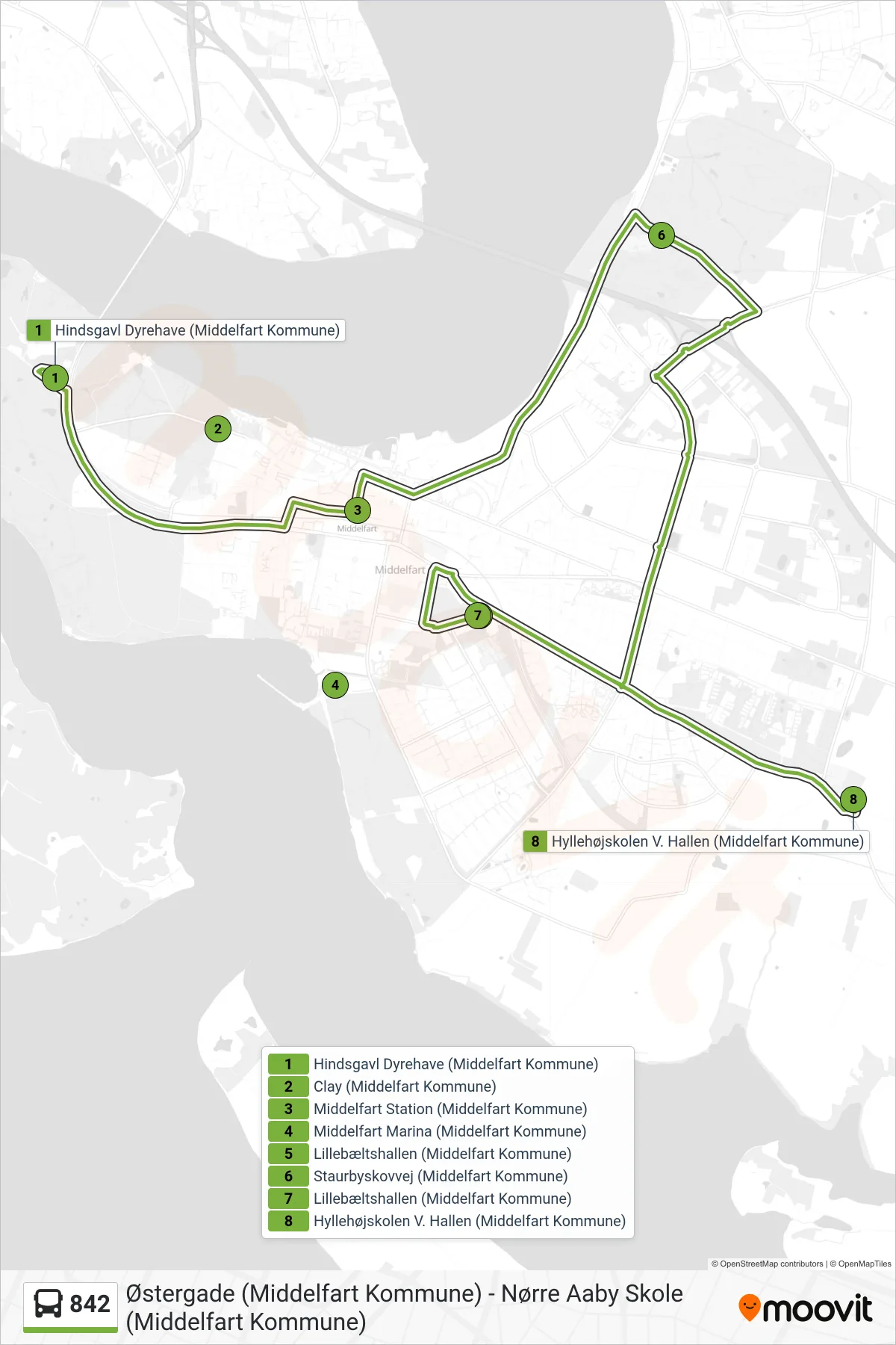 842 bus Linje (Hyllehøjskolen) rute og stop på et kort