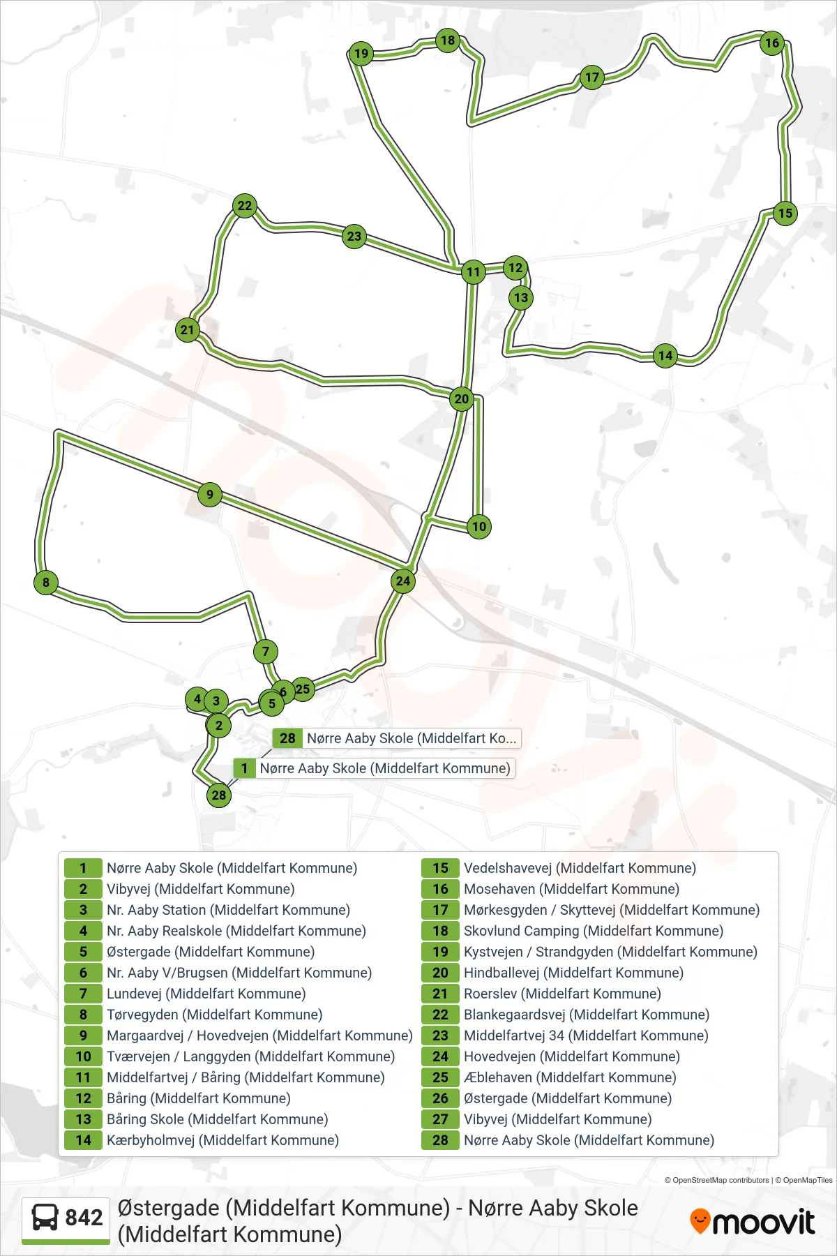 842 bus Linje (Nørre Aaby) rute og stop på et kort