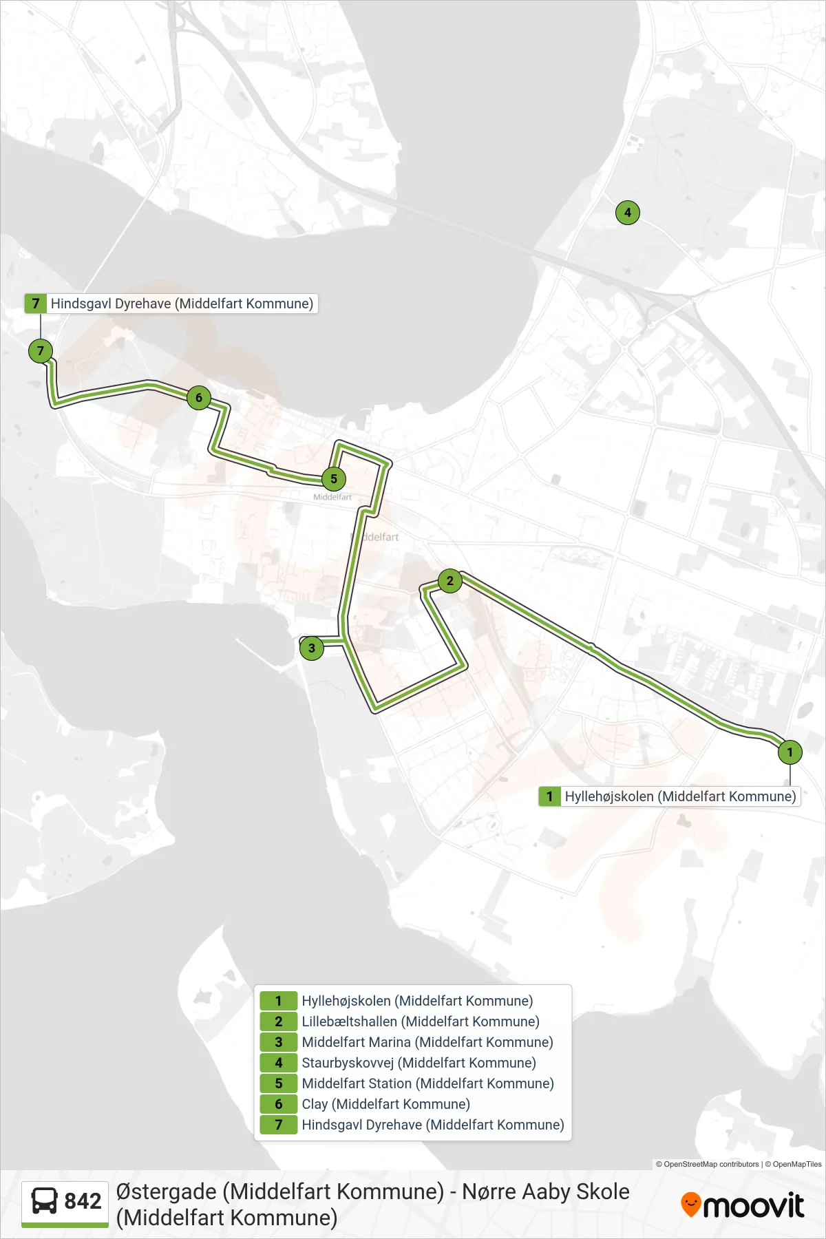 842 bus Linje (Hindsgavl Dyrehave) rute og stop på et kort