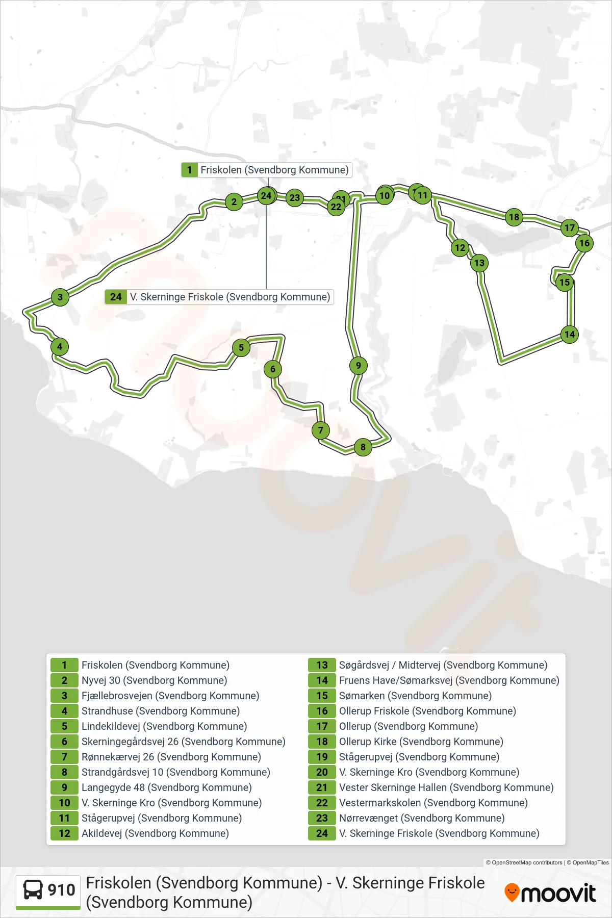 910 bus Linje (Vester Skerninge) rute og stop på et kort