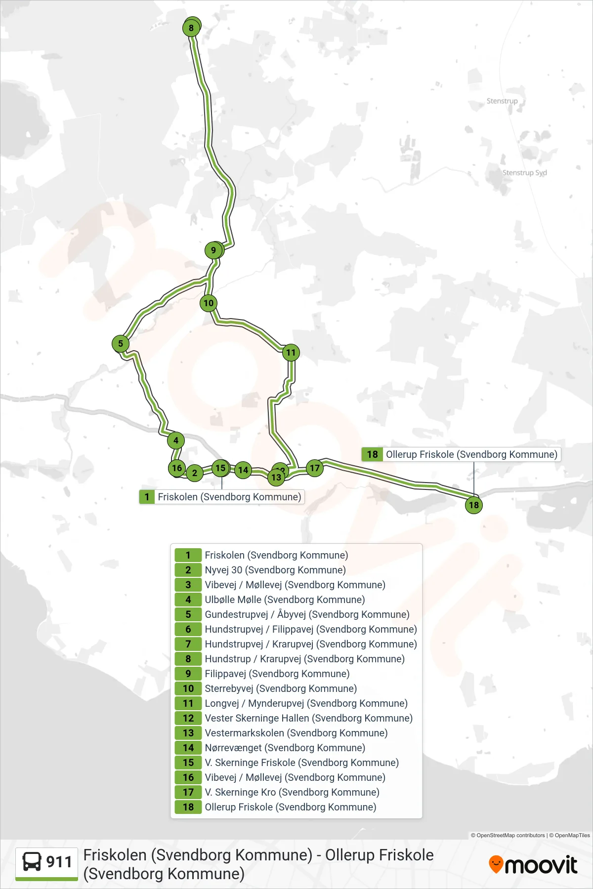 911 bus Linje (Vester Skerninge) rute og stop på et kort