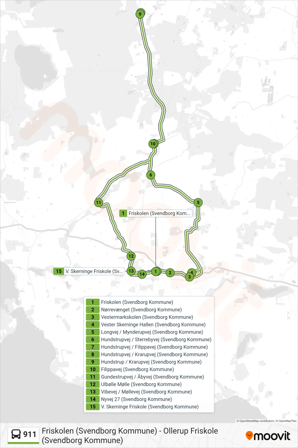 911 bus Linje (Vester Skerninge) rute og stop på et kort