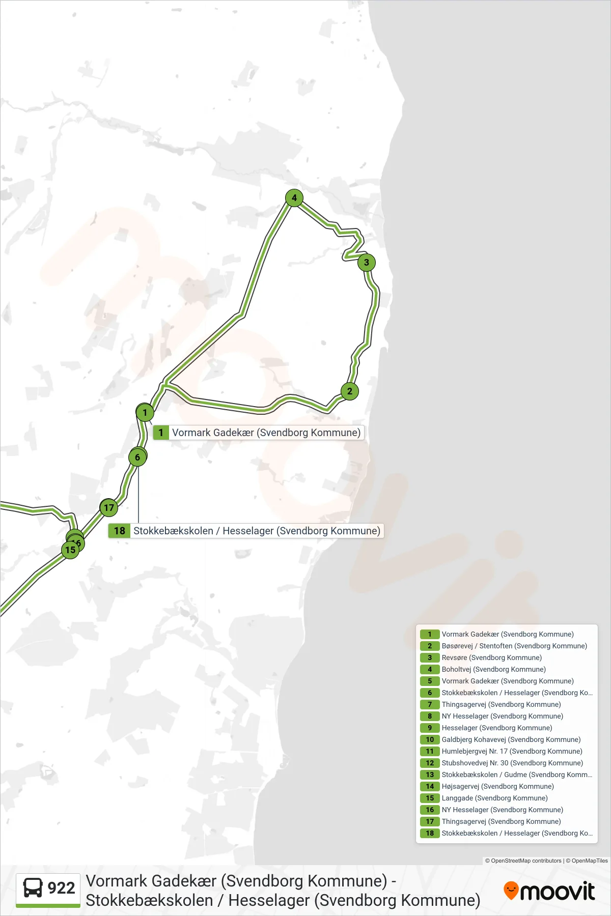 922 bus Linje (Hesselager) rute og stop på et kort