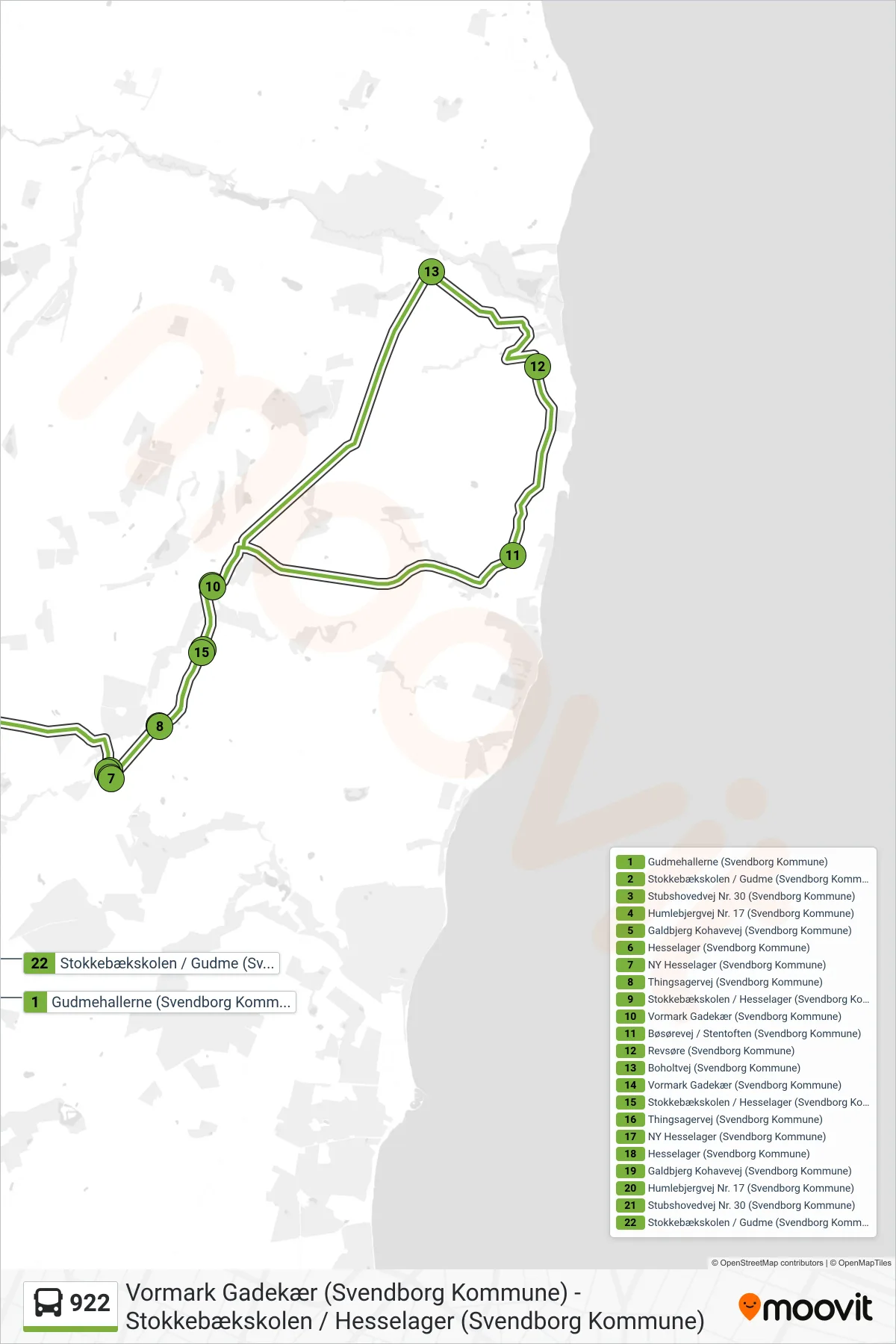 922 bus Linje (Gudme) rute og stop på et kort