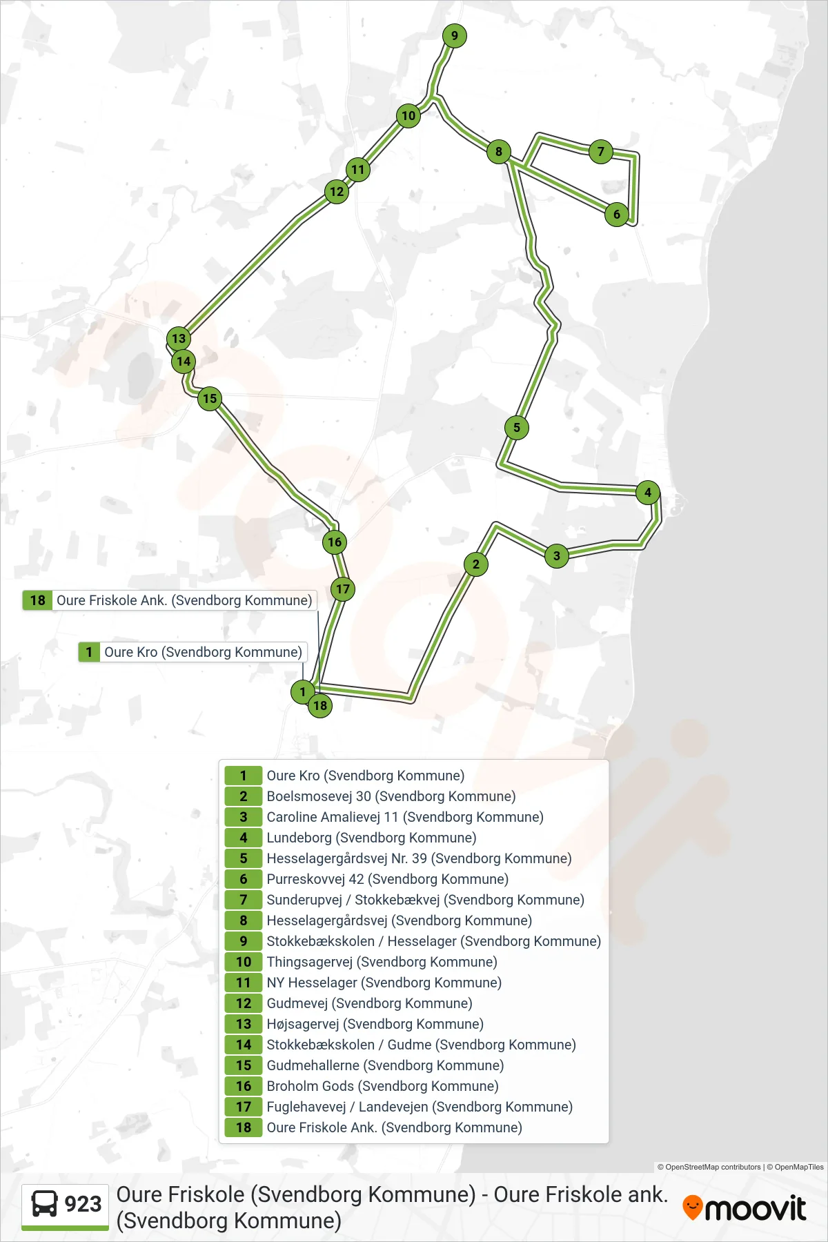 923 bus Linje (Oure) rute og stop på et kort