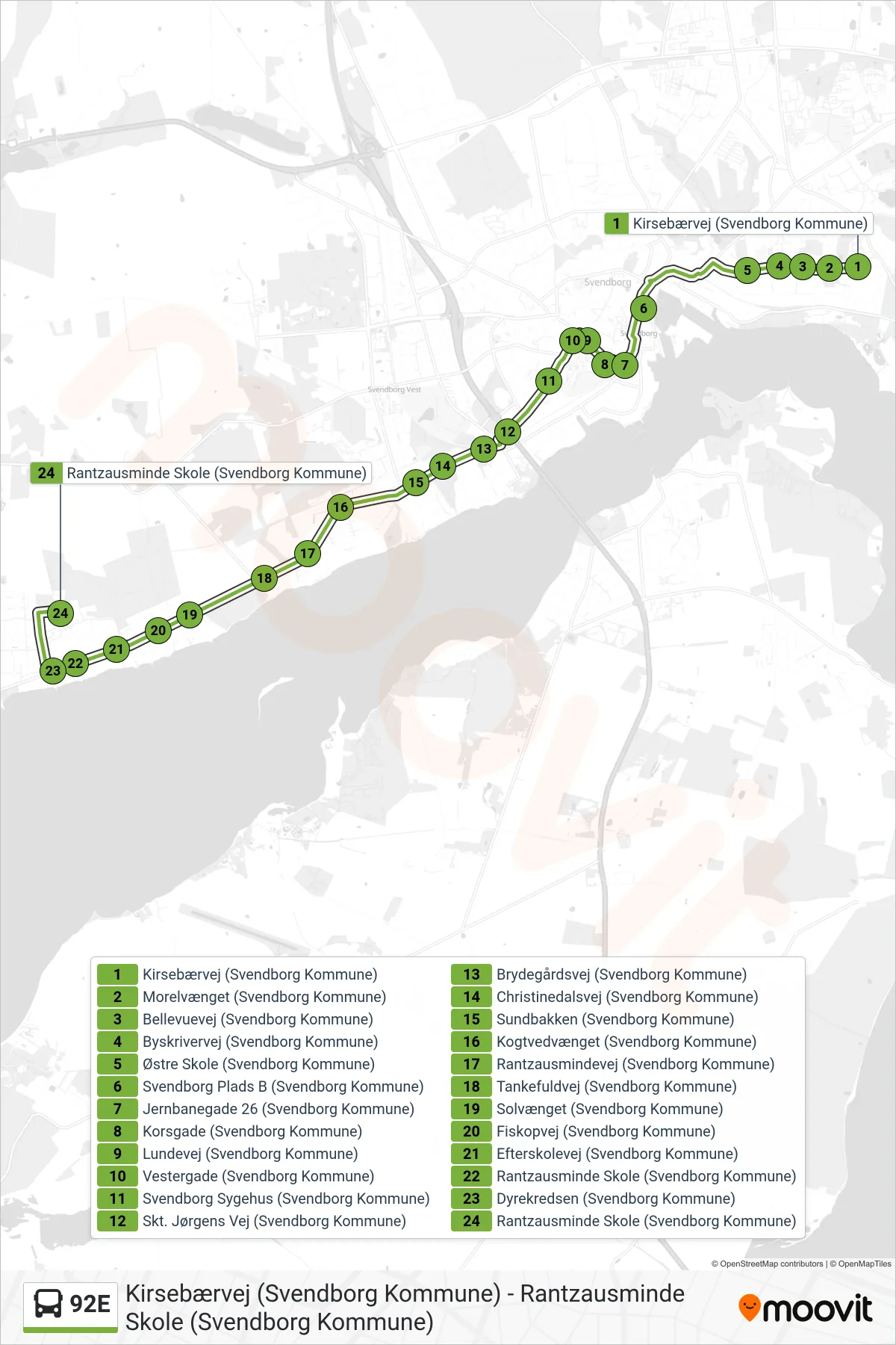 92E bus Linje (Rantzausminde) rute og stop på et kort