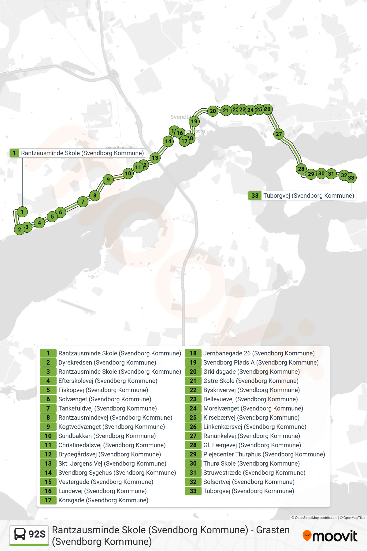 92S bus Linje (Tuborgvej) rute og stop på et kort