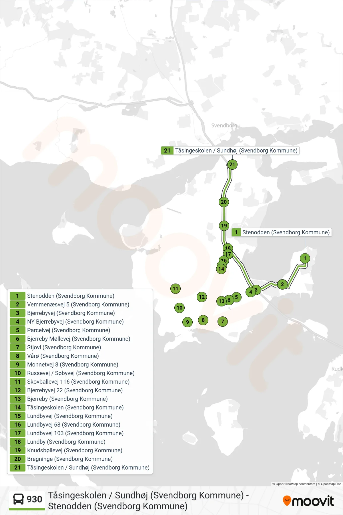 930 bus Linje (Vindeby) rute og stop på et kort