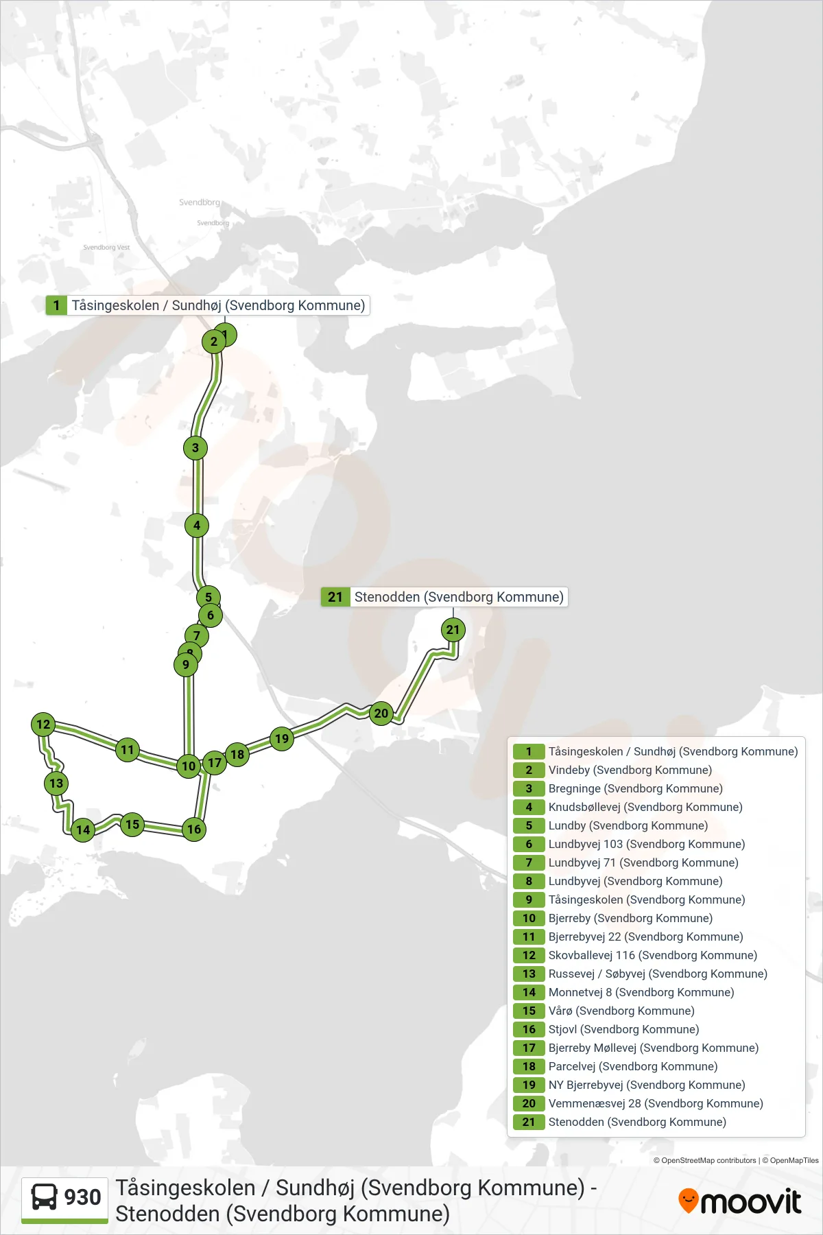930 bus Linje (Vemmenæs) rute og stop på et kort