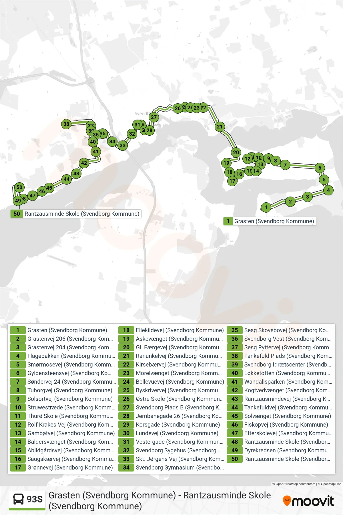 93S bus Linje (Rantzausminde Skole) rute og stop på et kort
