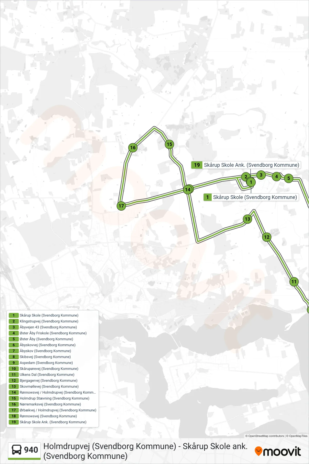 940 bus Linje (Skårup) rute og stop på et kort