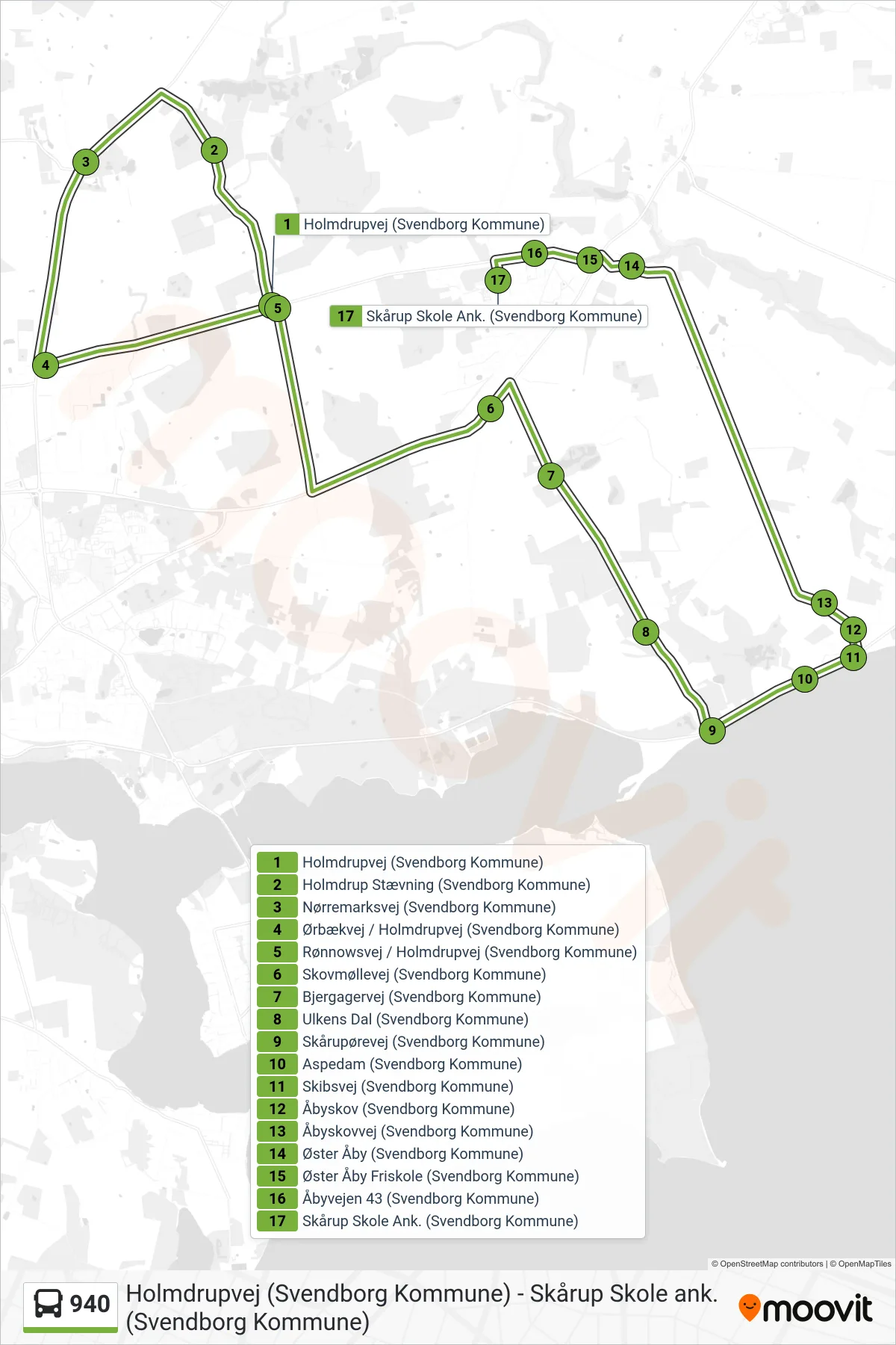 940 bus Linje (Skårup) rute og stop på et kort